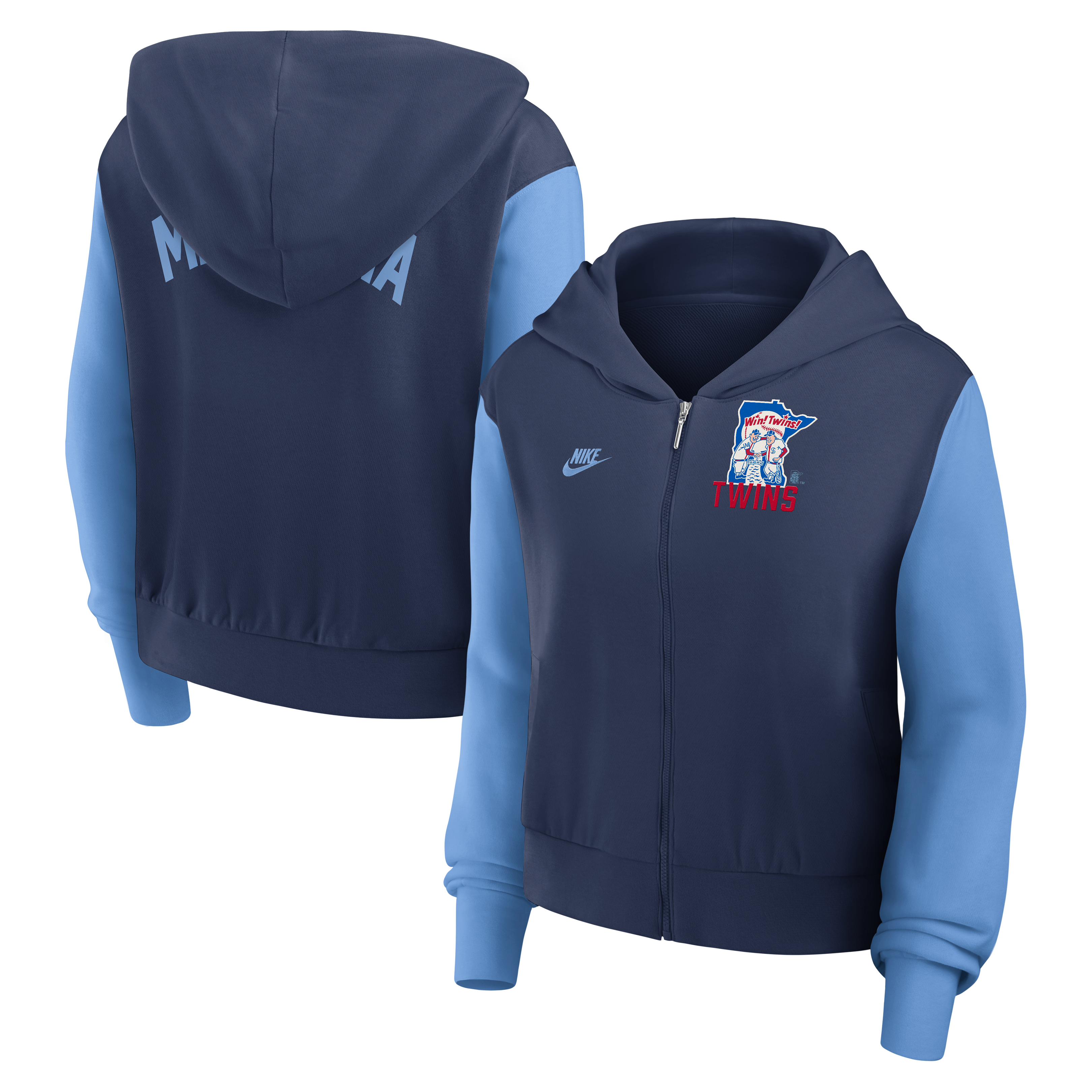 Sweat à capuche court zippé Nike pour femme, bleu marine/bleu clair, collection Minnesota Twins Cooperstown