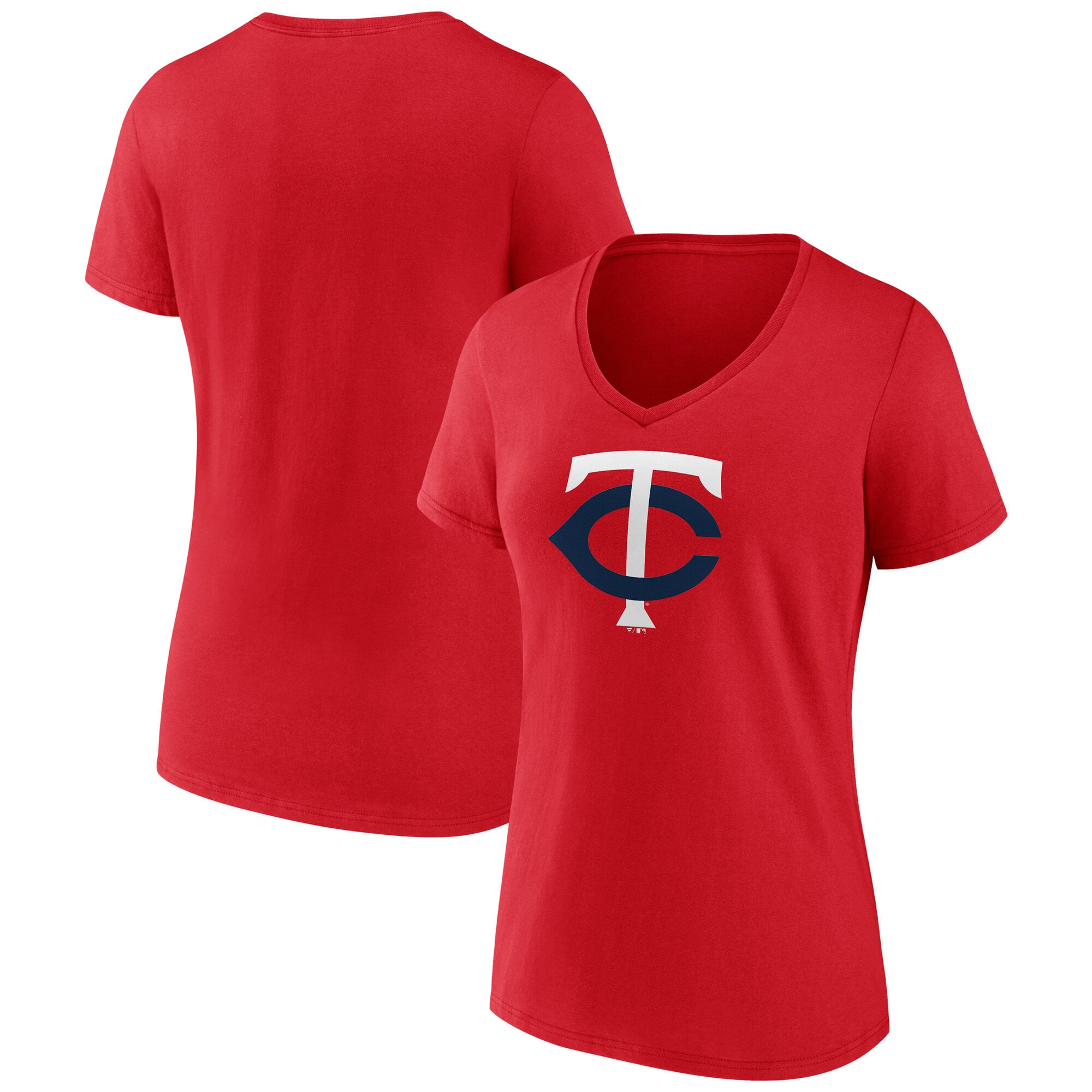 T-shirt à col en V rouge pour femmes avec logo officiel des Minnesota Twins