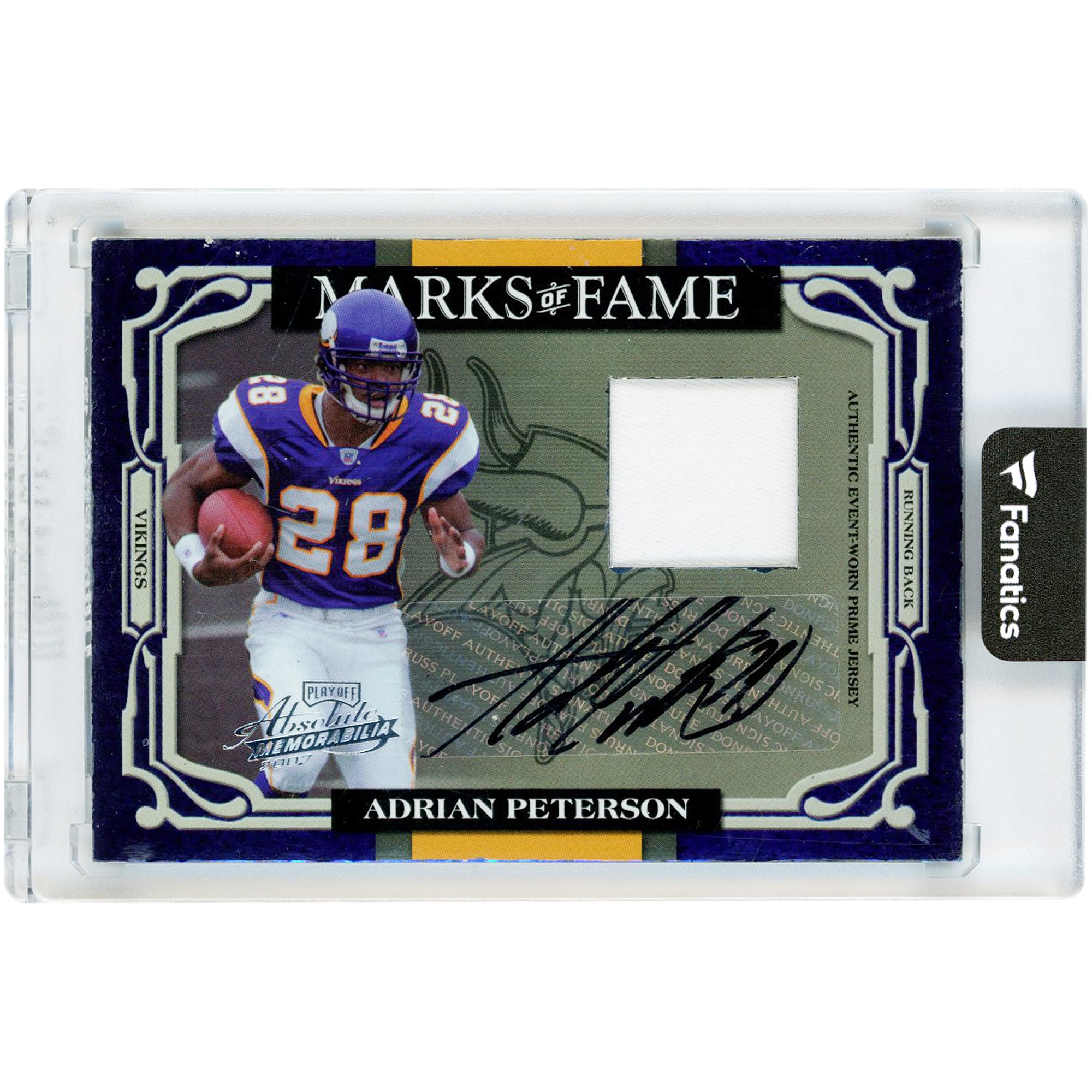 Carte de recrue autographiée d'Adrian Peterson (Minnesota Vikings), séries éliminatoires 2007, collection Absolute Memorabilia Marks of Fame Relic, n° MOF-34, n° 6/25