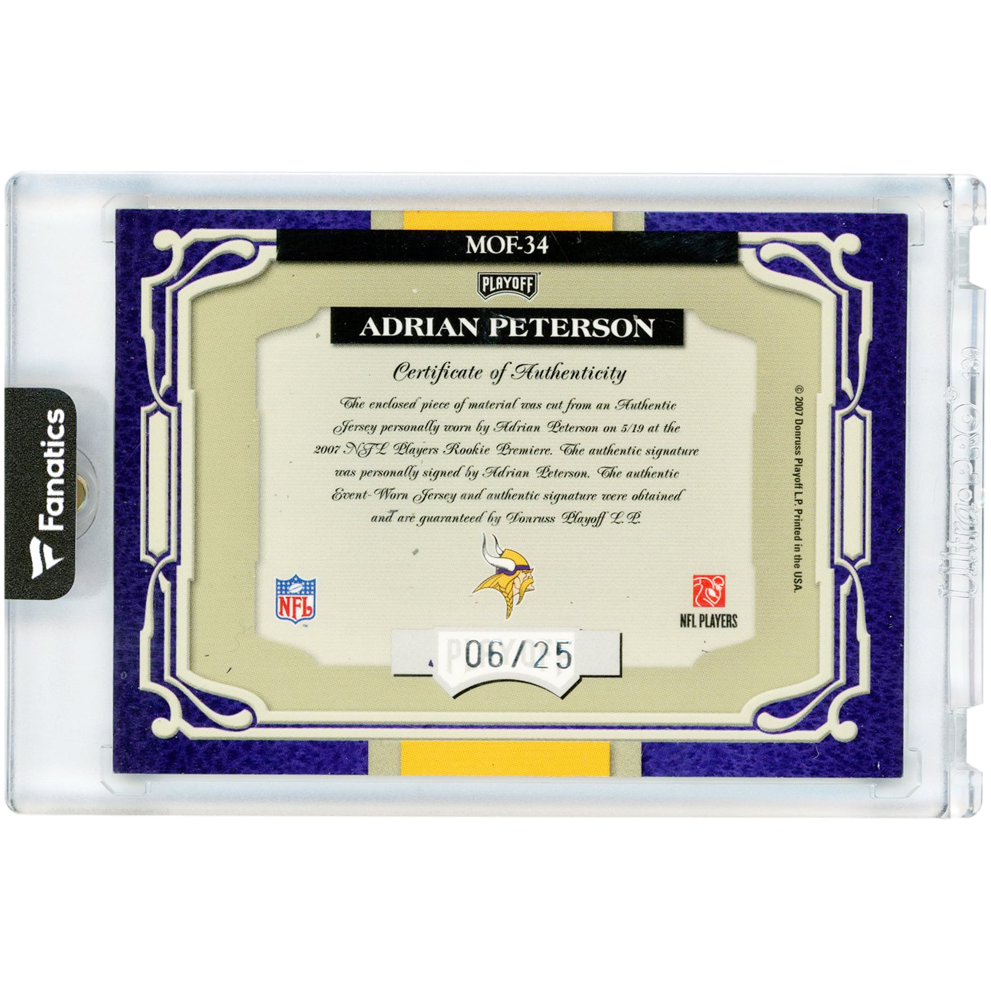 Carte de recrue autographiée d'Adrian Peterson (Minnesota Vikings), séries éliminatoires 2007, collection Absolute Memorabilia Marks of Fame Relic, n° MOF-34, n° 6/25