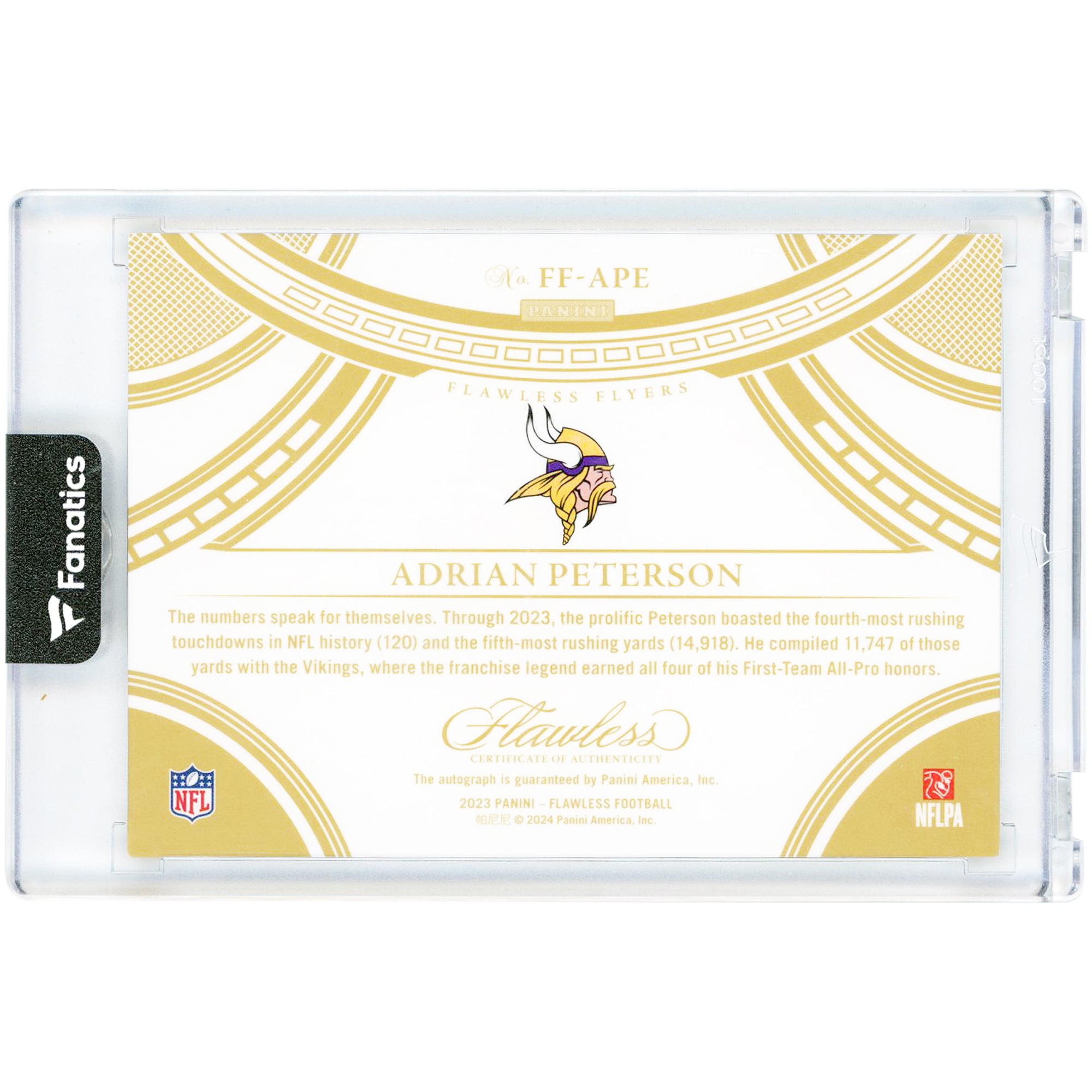 Carte autographiée d'Adrian Peterson (Minnesota Vikings) 2023 Panini Flawless Flyers Gold #FF-APE #16/25