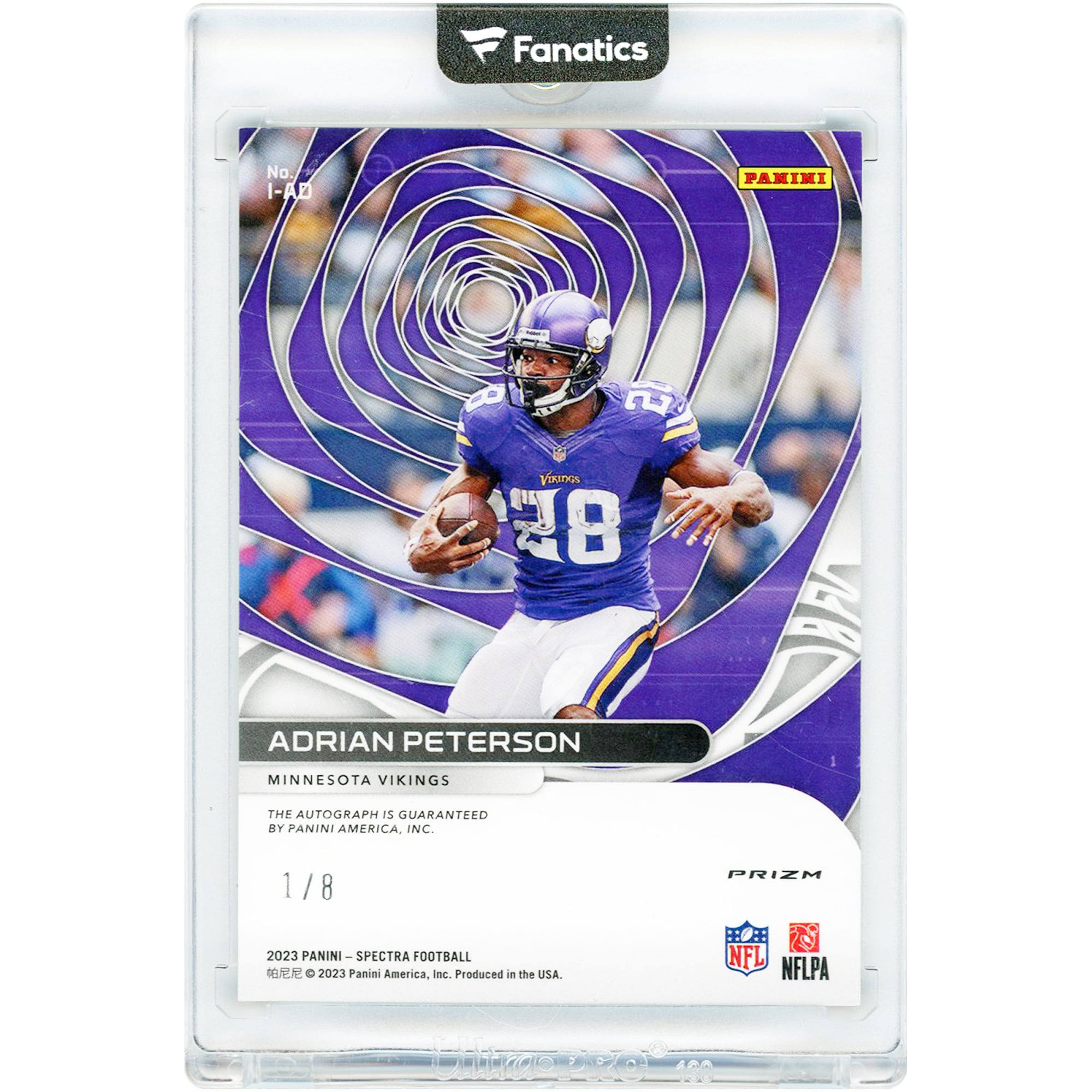 Carte autographiée d'Adrian Peterson (Minnesota Vikings) Panini Spectra Icons 2023 #I-AD #1/8