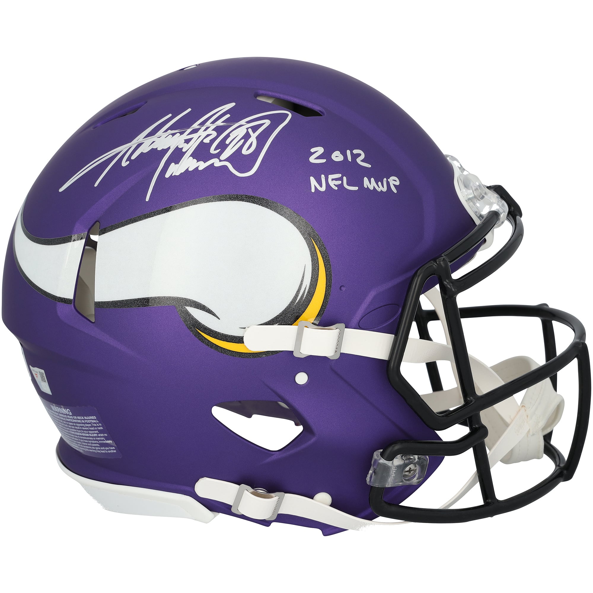 Casque Riddell Speed ​​Authentic autographié par Adrian Peterson, joueur des Vikings du Minnesota, avec inscription « MVP NFL 2012 ».