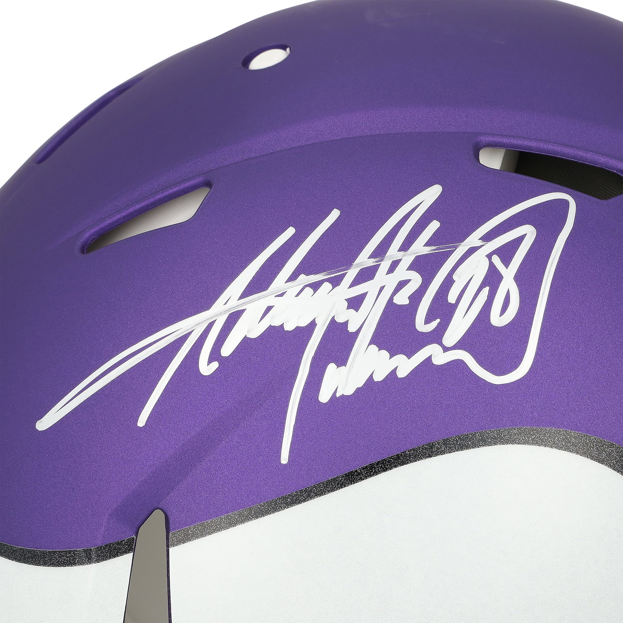 Casque Riddell Speed ​​Authentic autographié par Adrian Peterson, joueur des Vikings du Minnesota, avec inscription « MVP NFL 2012 ».
