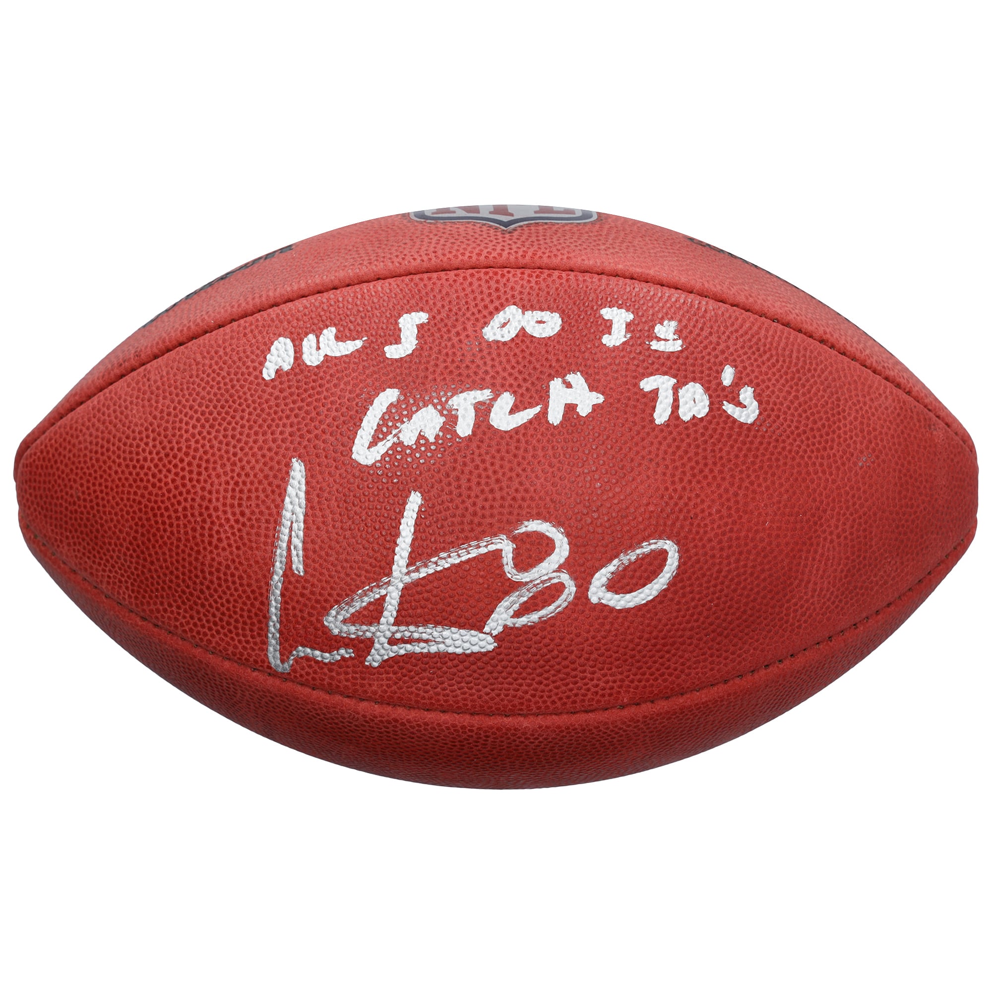 Ballon de football américain Duke en couleur, autographié par Cris Carter (Minnesota Vikings), avec l'inscription « Je ne fais que marquer des touchdowns ».