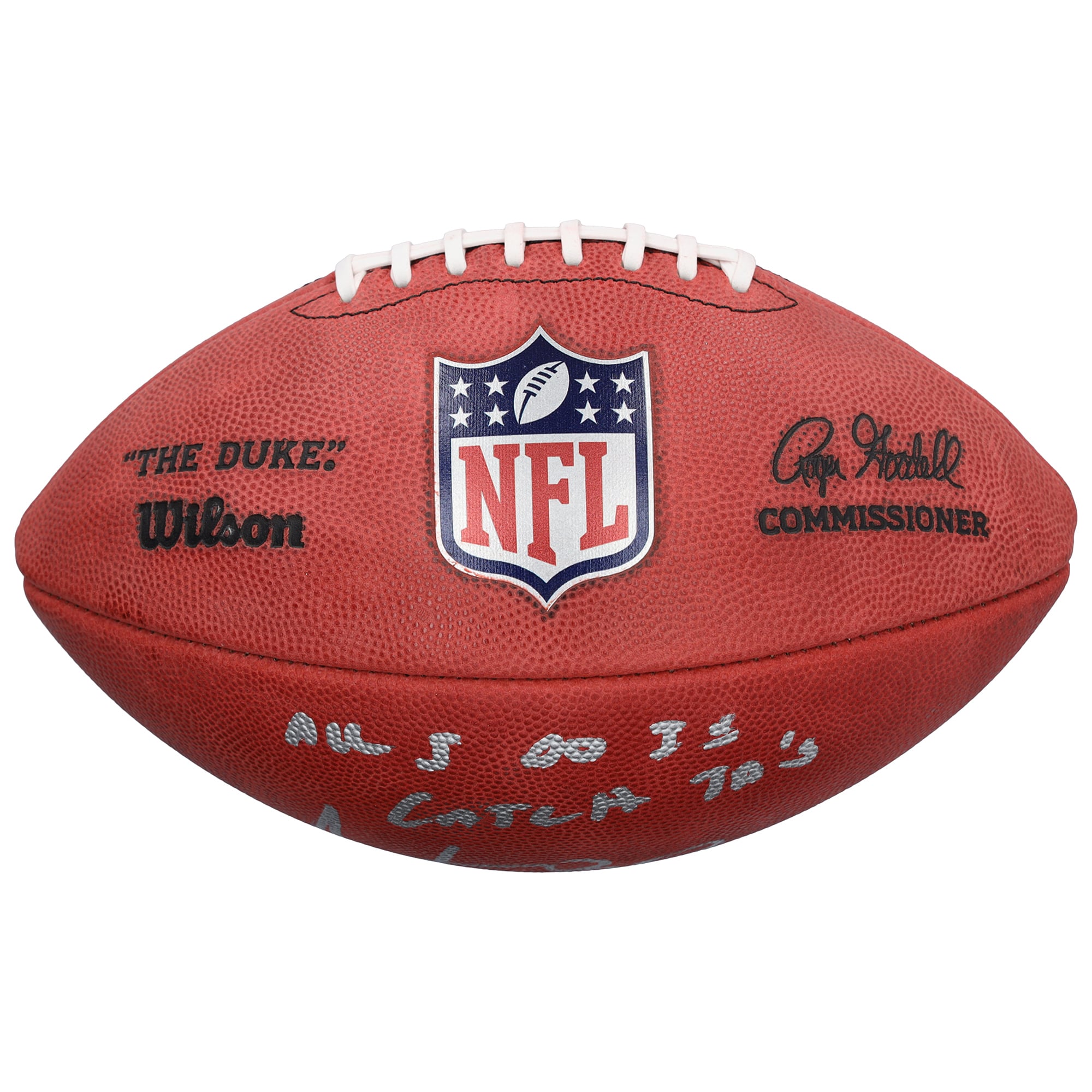 Ballon de football américain Duke en couleur, autographié par Cris Carter (Minnesota Vikings), avec l'inscription « Je ne fais que marquer des touchdowns ».