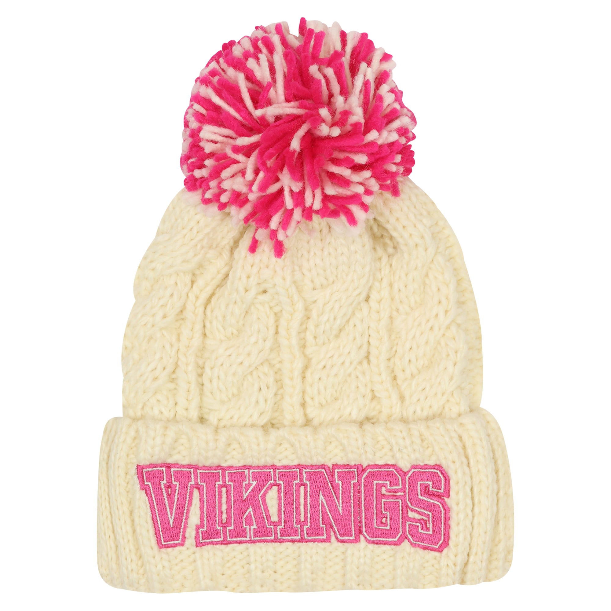 Girls Youth Outerstuff Cream Minnesota Vikings Cable Cuffed Knit Hat with Pom