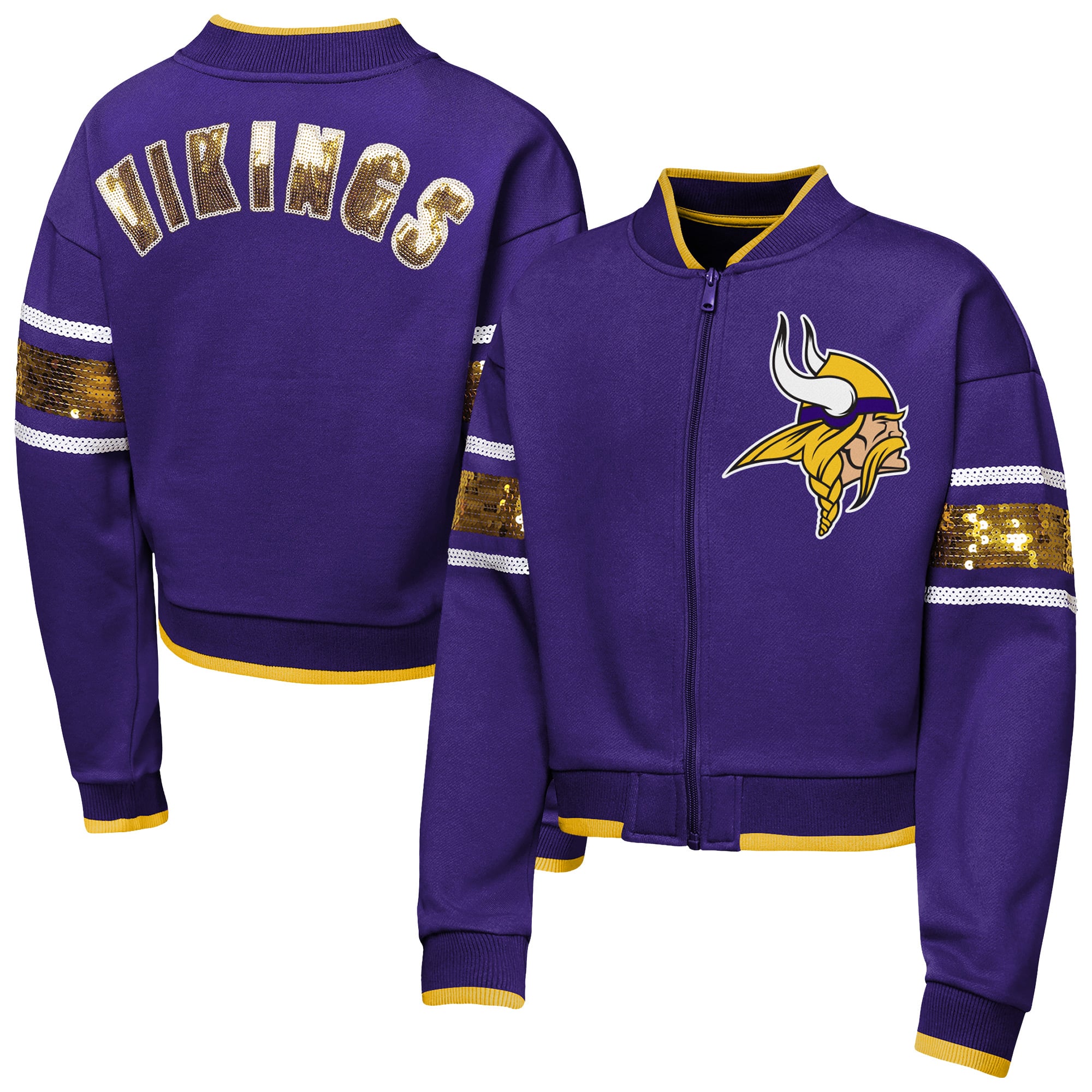 Girls Youth Outerstuff Purple Minnesota Vikings MVP Full-Zip Sequin Bomber Jacket