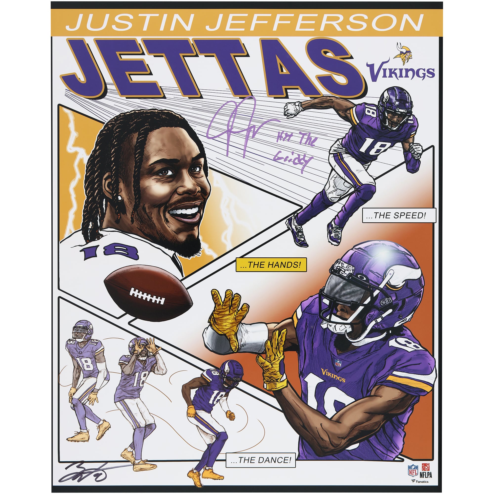 Photo 40 x 50 cm (16 x 20 pouces) autographiée par Justin Jefferson (Minnesota Vikings) avec inscription « Hit The Griddy » - Illustration de Brian Kong - Édition limitée à 10 exemplaires