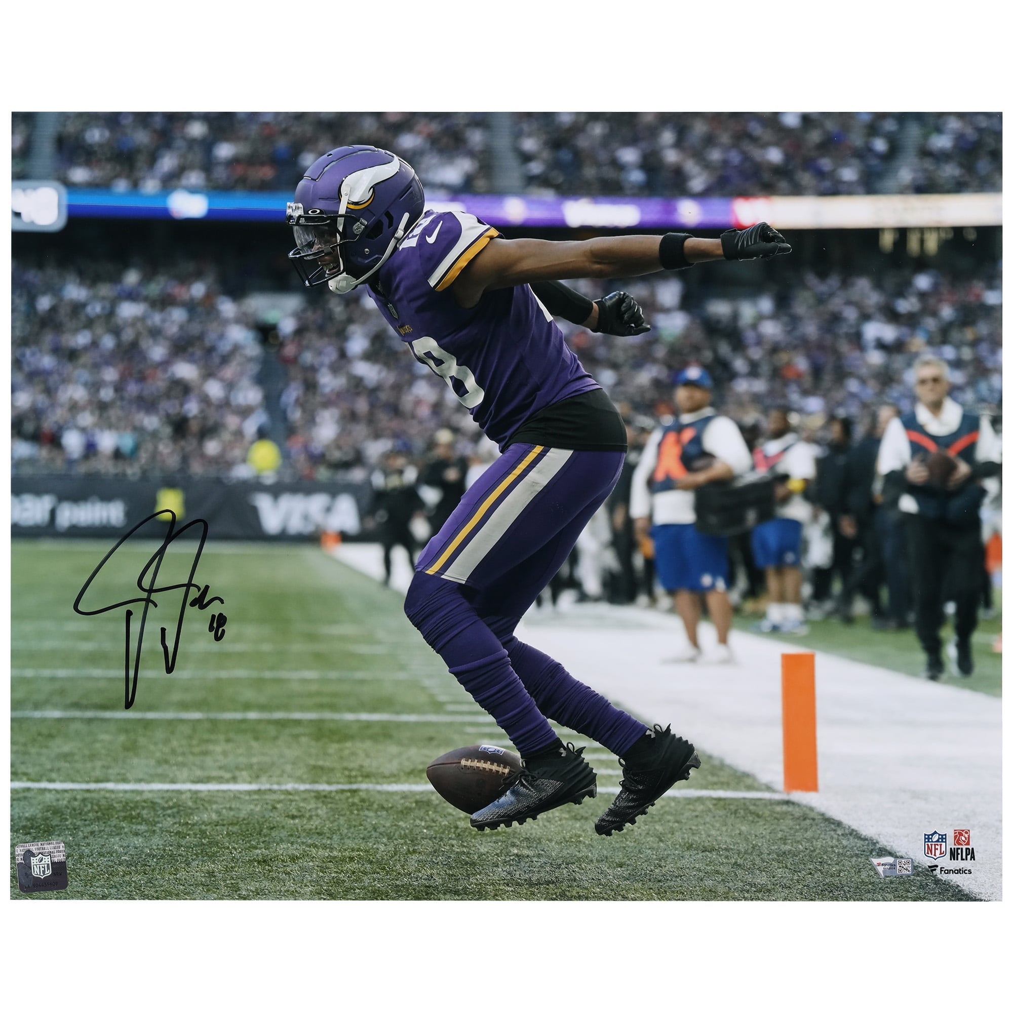 Photo dédicacée de Justin Jefferson, joueur des Vikings du Minnesota, maillot violet quadrillé (16 x 20 pouces).