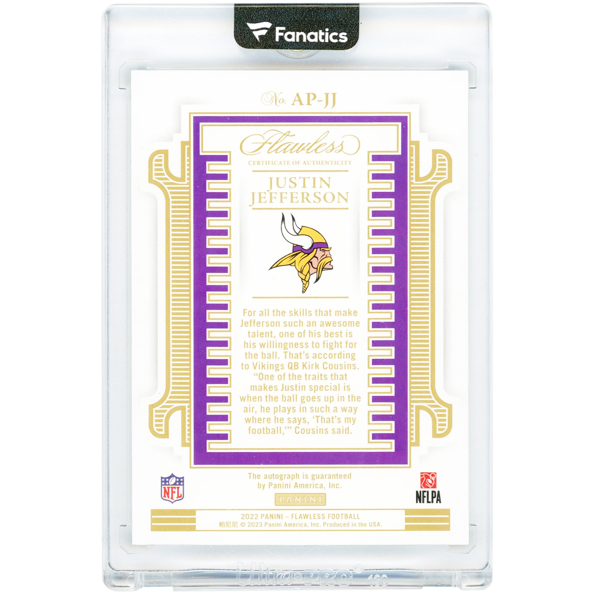 Justin Jefferson Minnesota Vikings Autographed 2022 Panini Flawless All-Pro Ink Gold #AP-JJ #8/25 Card