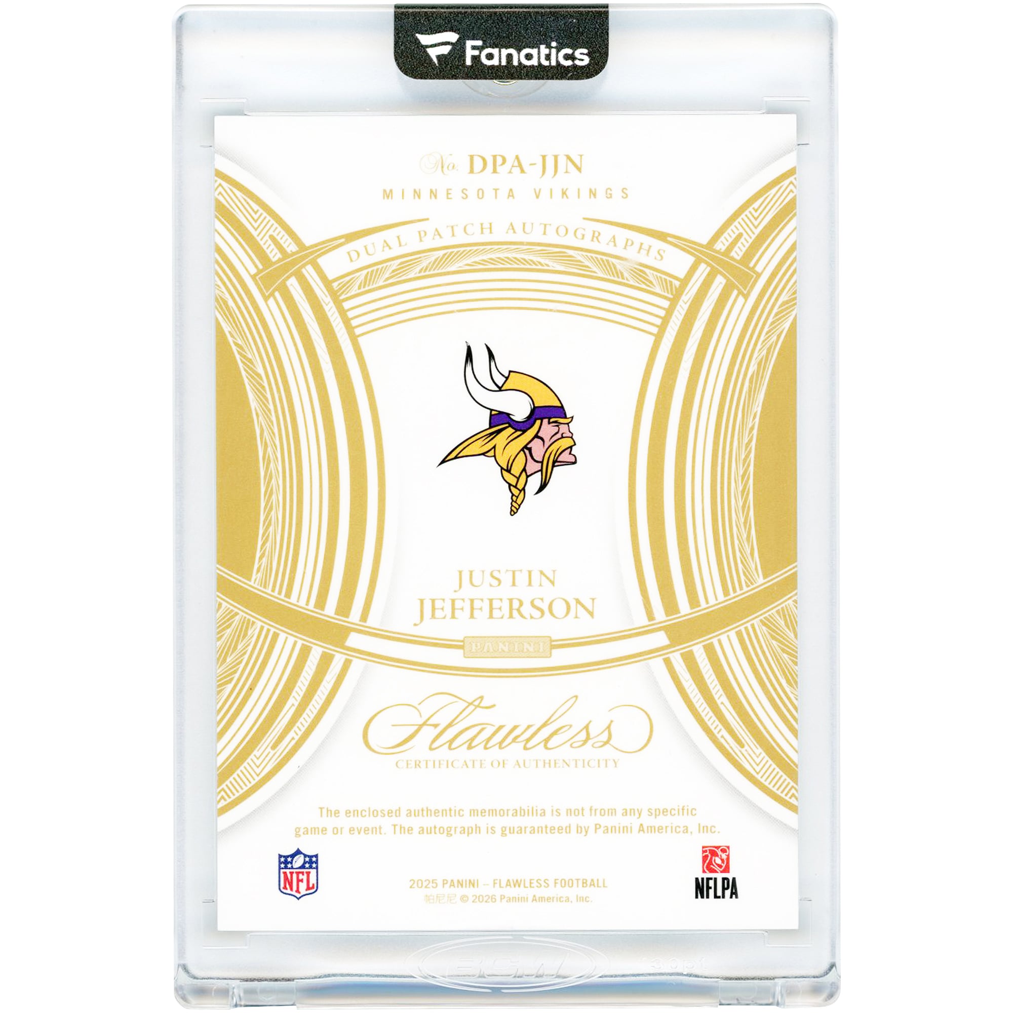 Justin Jefferson Minnesota Vikings Autographed 2025 Panini Flawless Dual Patch #DPA-JJN #4/25 Card