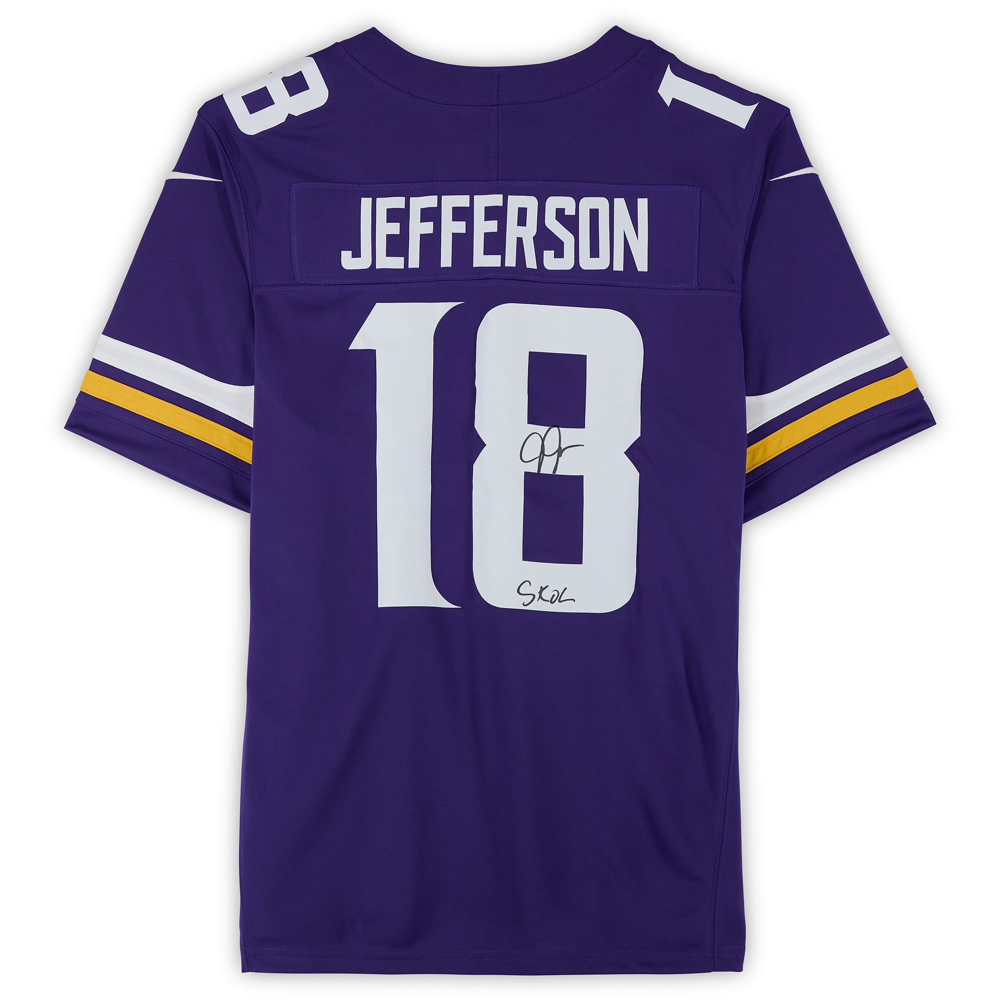 Maillot Nike violet en édition limitée, autographié par Justin Jefferson des Vikings du Minnesota, avec inscription « SKOL ».