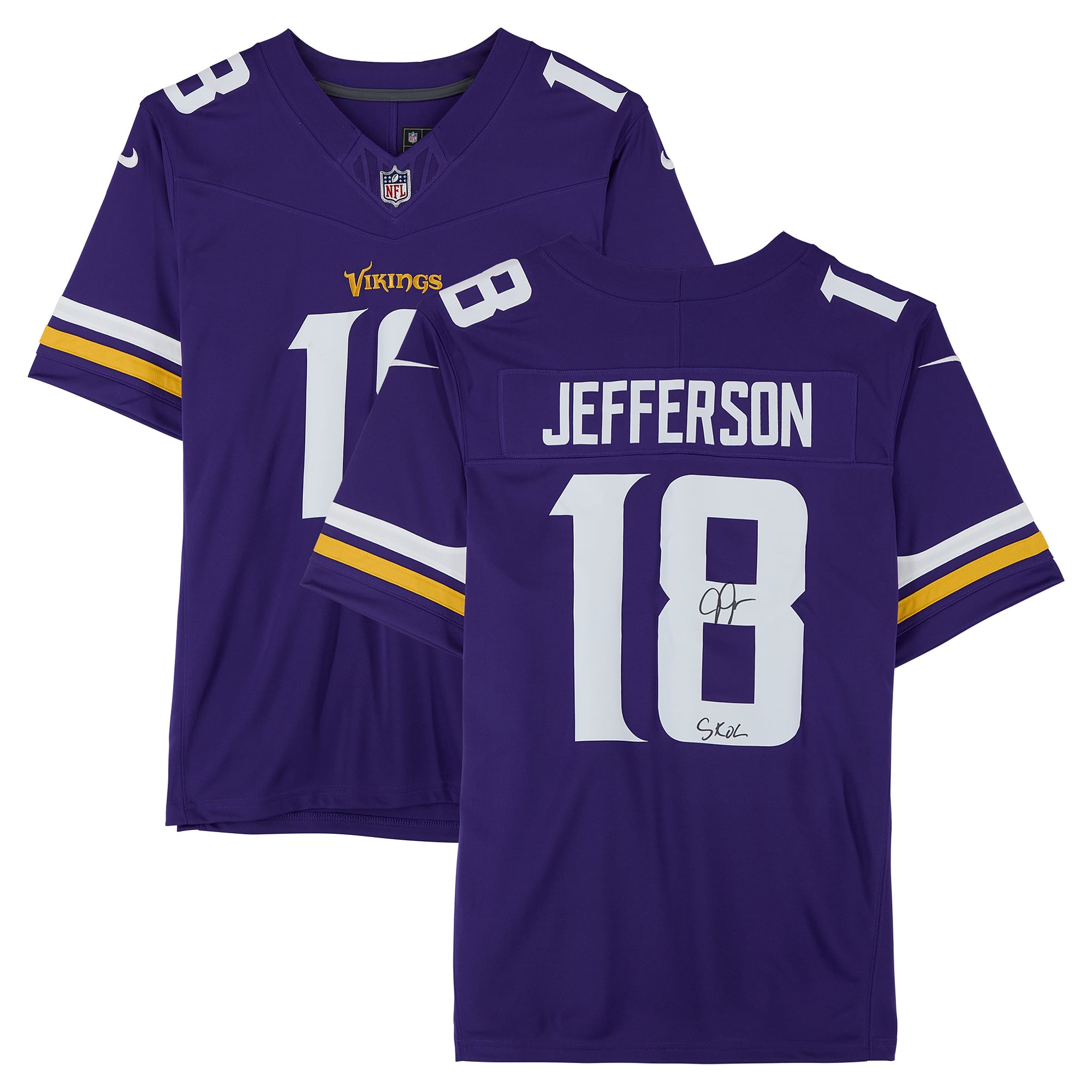 Maillot Nike violet en édition limitée, autographié par Justin Jefferson des Vikings du Minnesota, avec inscription « SKOL ».