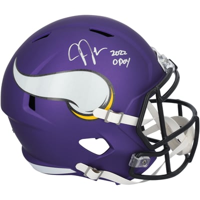 Justin Jefferson Minnesota Vikings Autographed Fanatics Authentic Riddell Speed Replica Helmet with "2022 OPOY" Inscription 