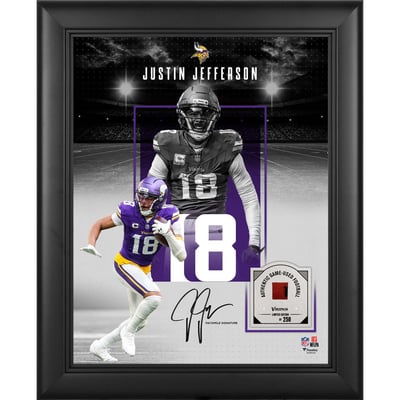 Justin Jefferson Minnesota Vikings Facsimile Signature Fanatics Authentic Framed 11" x 14" Showcase Collage with a Piece of Game-Used Football - Limited Edition of 250