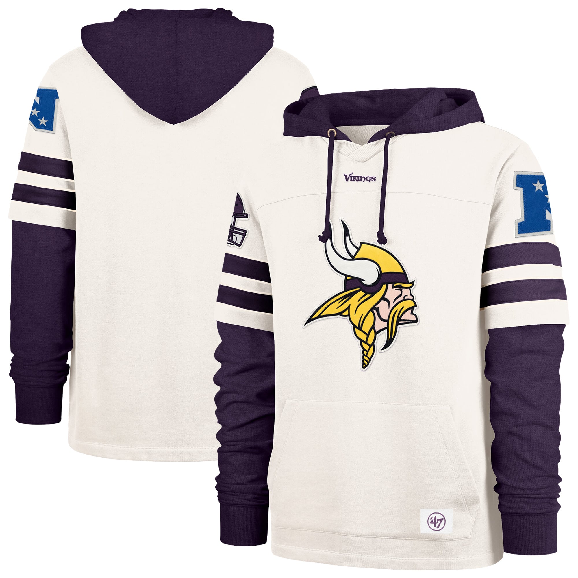 Men's '47 Cream Minnesota Vikings Split Zone Cornerback Duo Lacer Hoodie