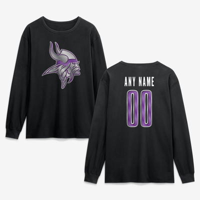 Minnesota Vikings  Metallic Mascot Personalized Name & Number Long Sleeve T-Shirt - Black