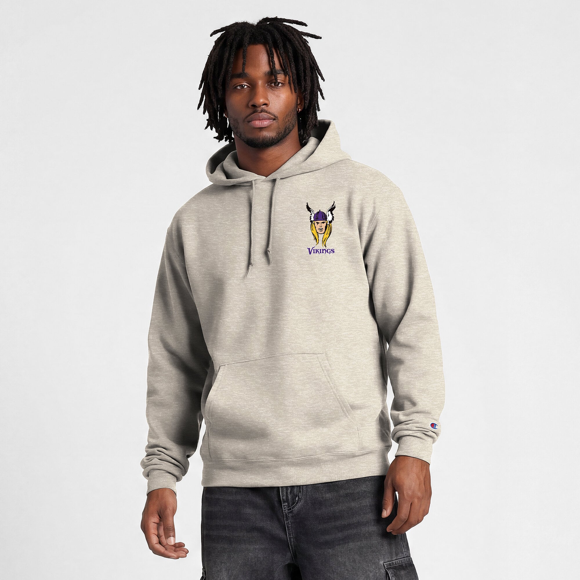 Sweat à capuche Disney x Champion Powerblend Fullback couleur avoine Minnesota Vikings pour homme