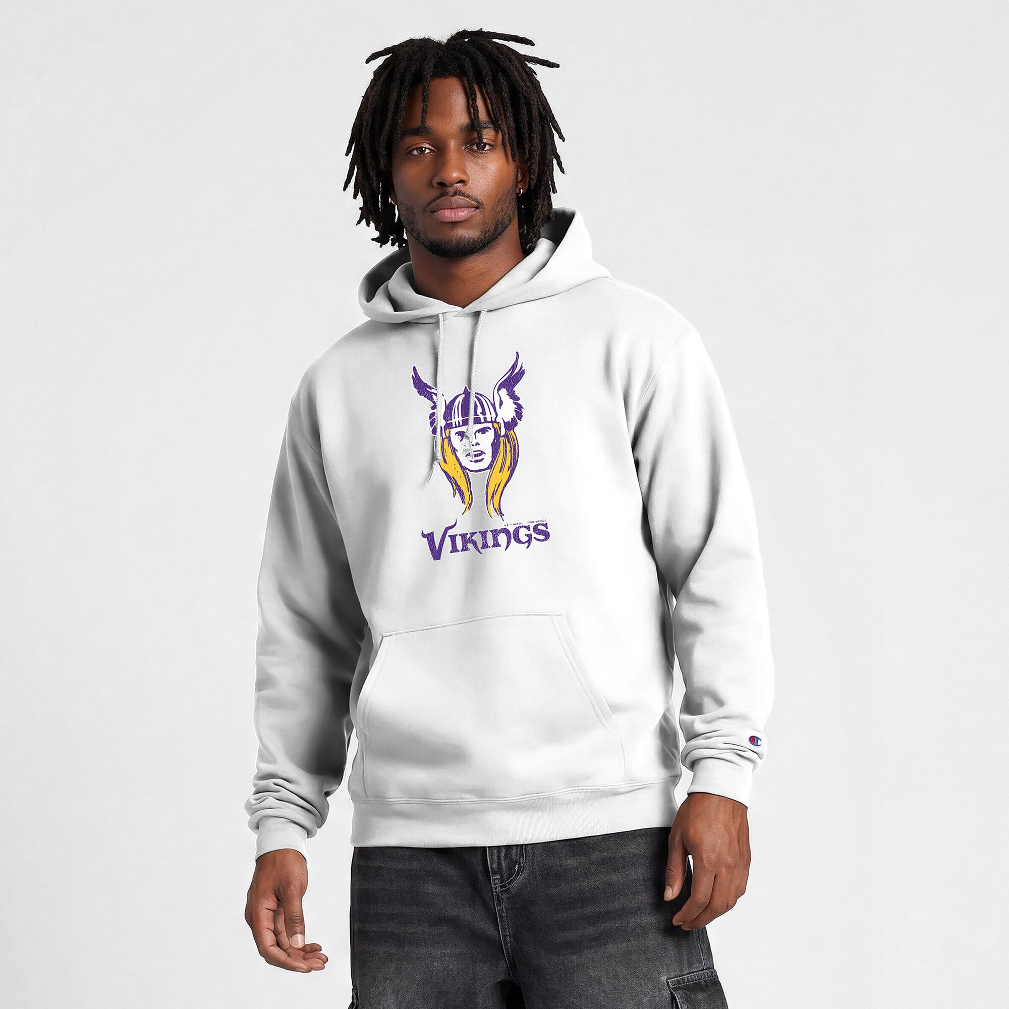 Sweat-shirt à capuche intégral blanc Disney x Champion Minnesota Vikings Powerblend pour homme