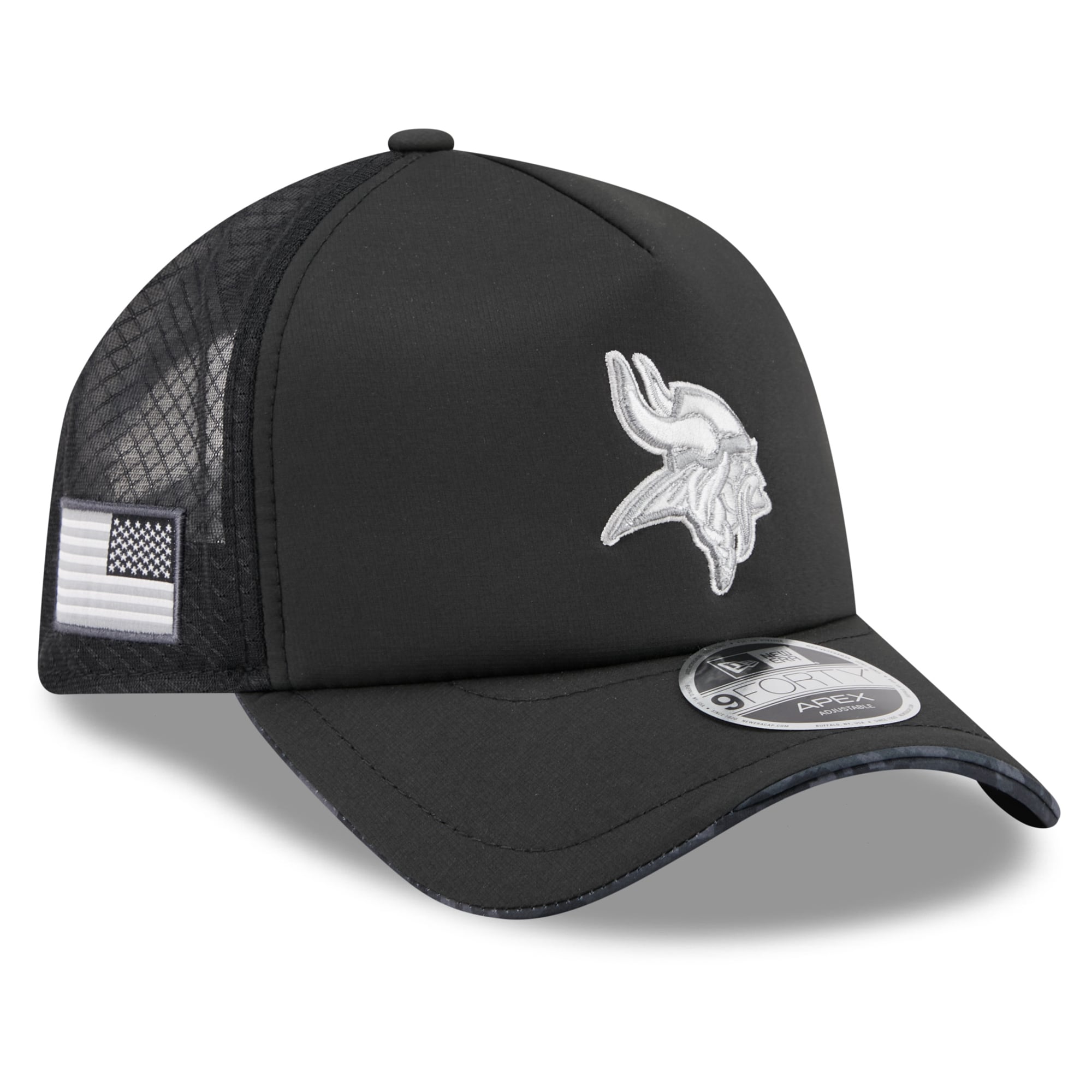 Casquette trucker ajustable New Era Apex 9FORTY noire Minnesota Vikings 2026 Salute To Service pour homme