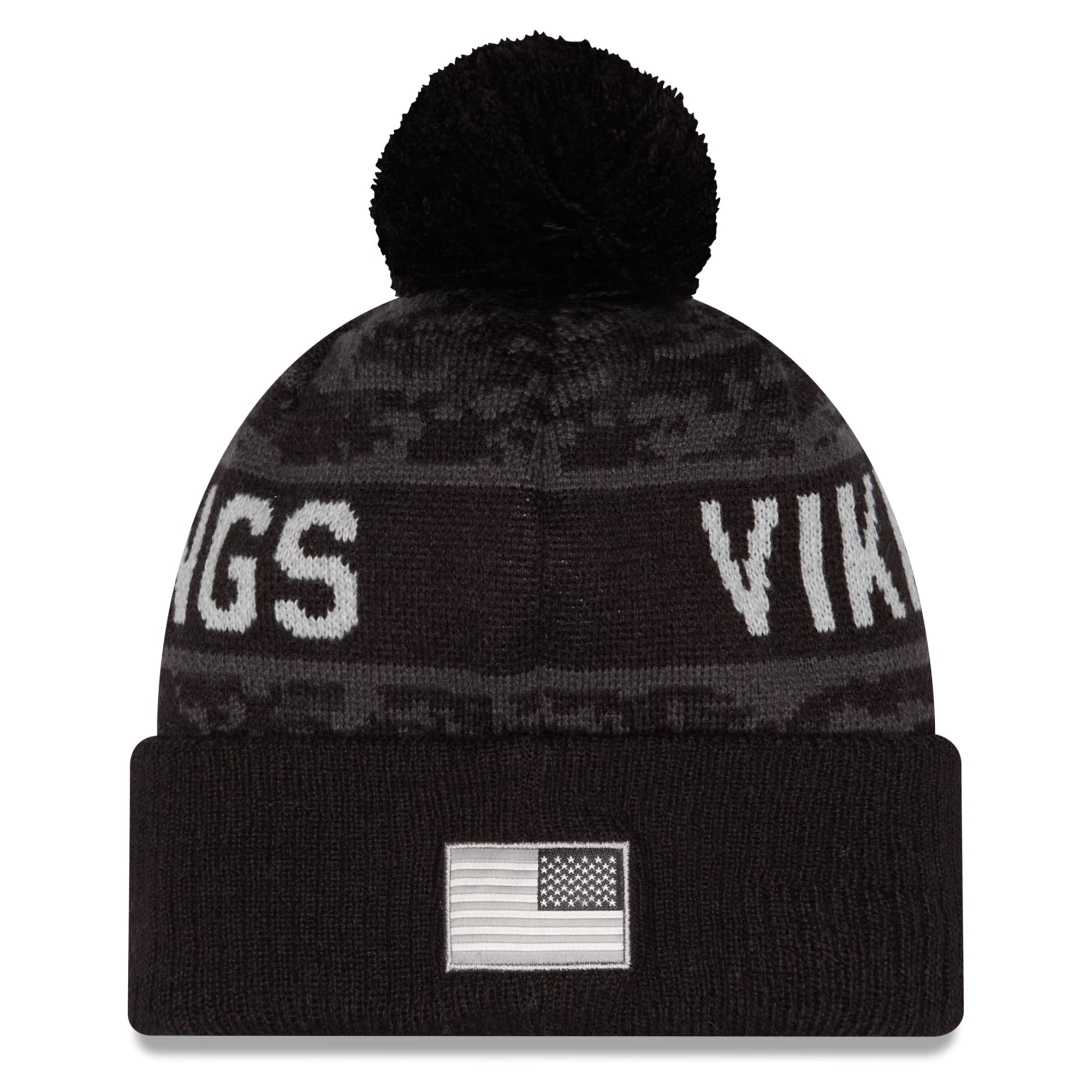 Bonnet à revers New Era noir Minnesota Vikings 2026 Salute To Service pour homme, avec pompon