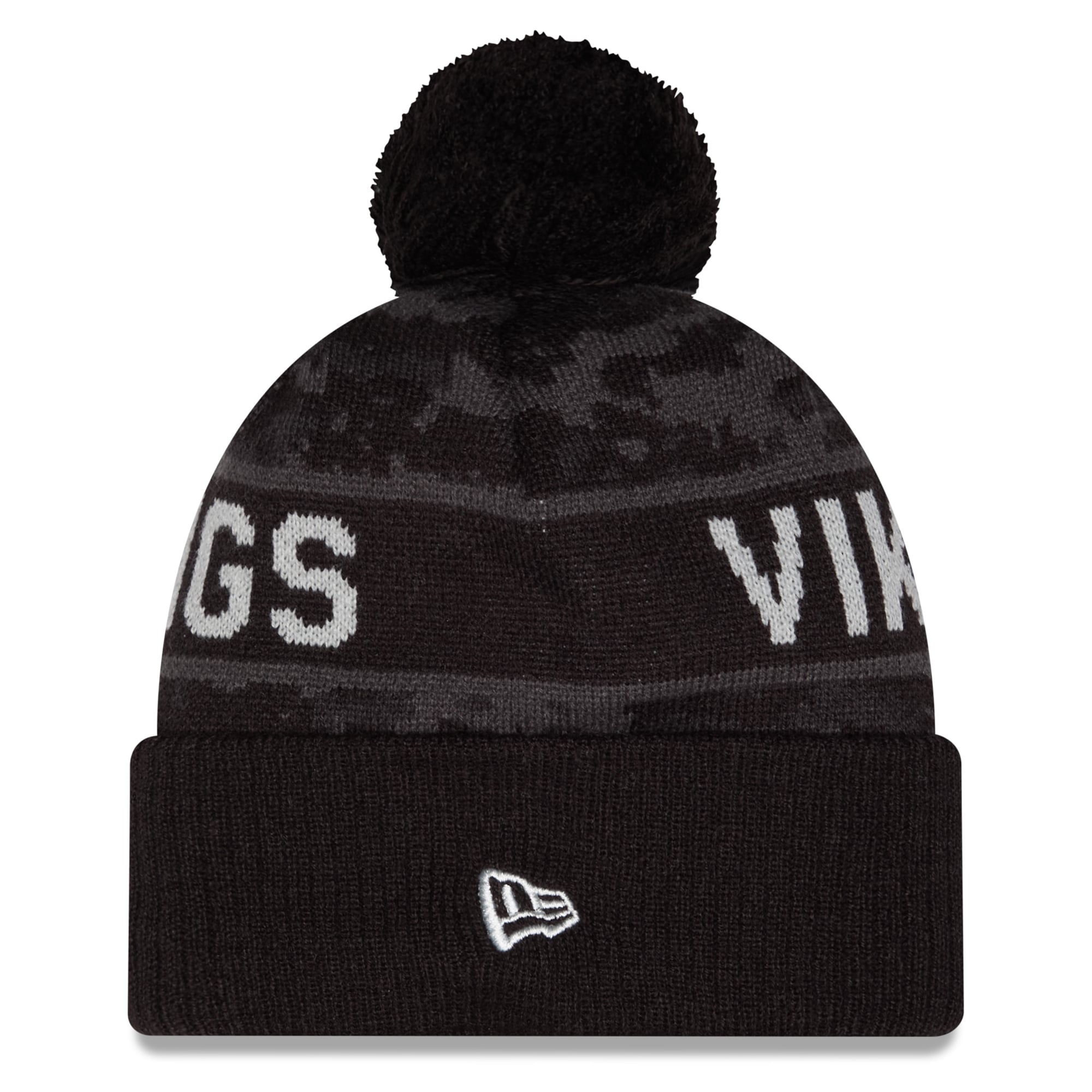 Bonnet à revers New Era noir Minnesota Vikings 2026 Salute To Service pour homme, avec pompon
