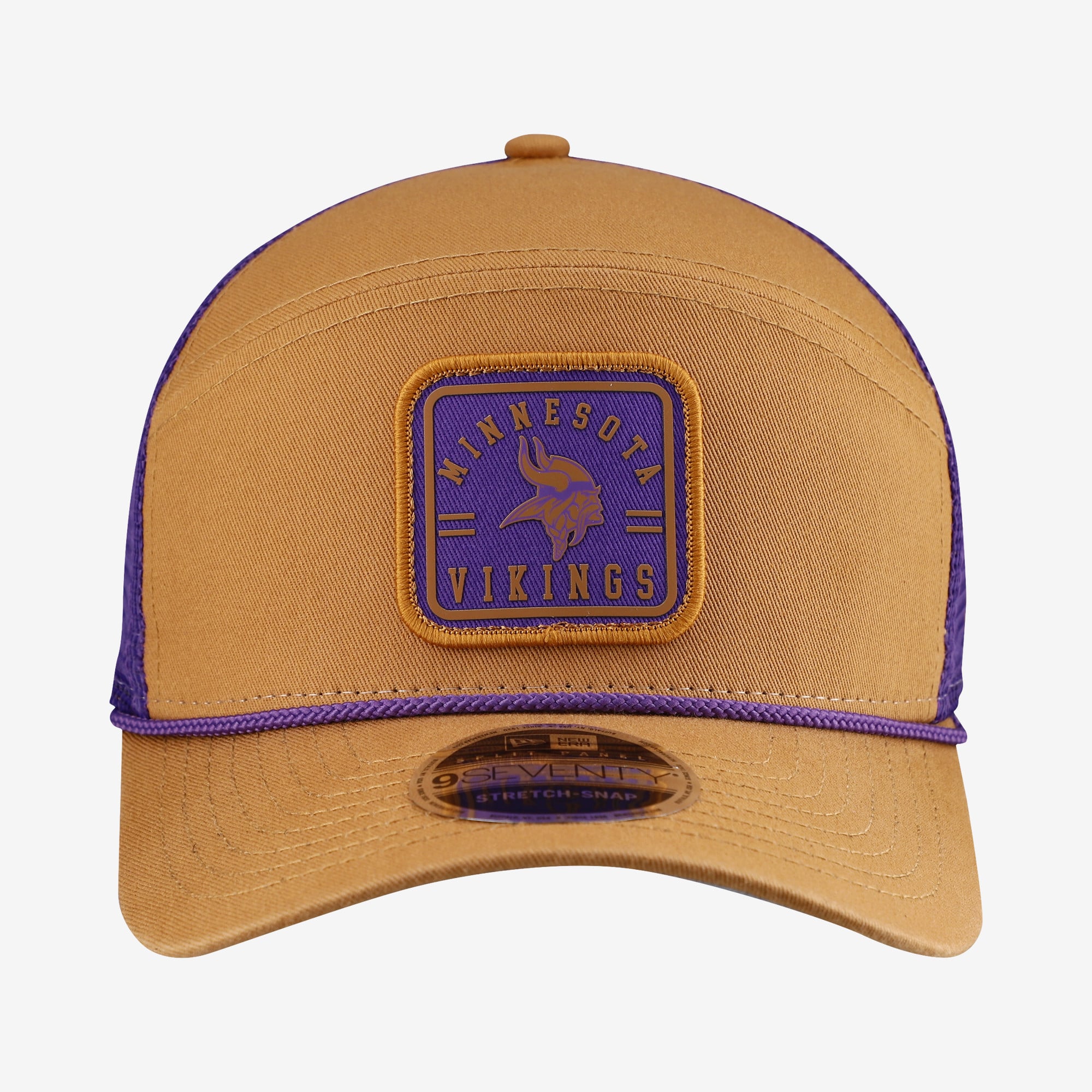 Men's New Era Brown/Purple Minnesota Vikings Team Patch Split Panel 9SEVENTY Adjustable Trucker Hat