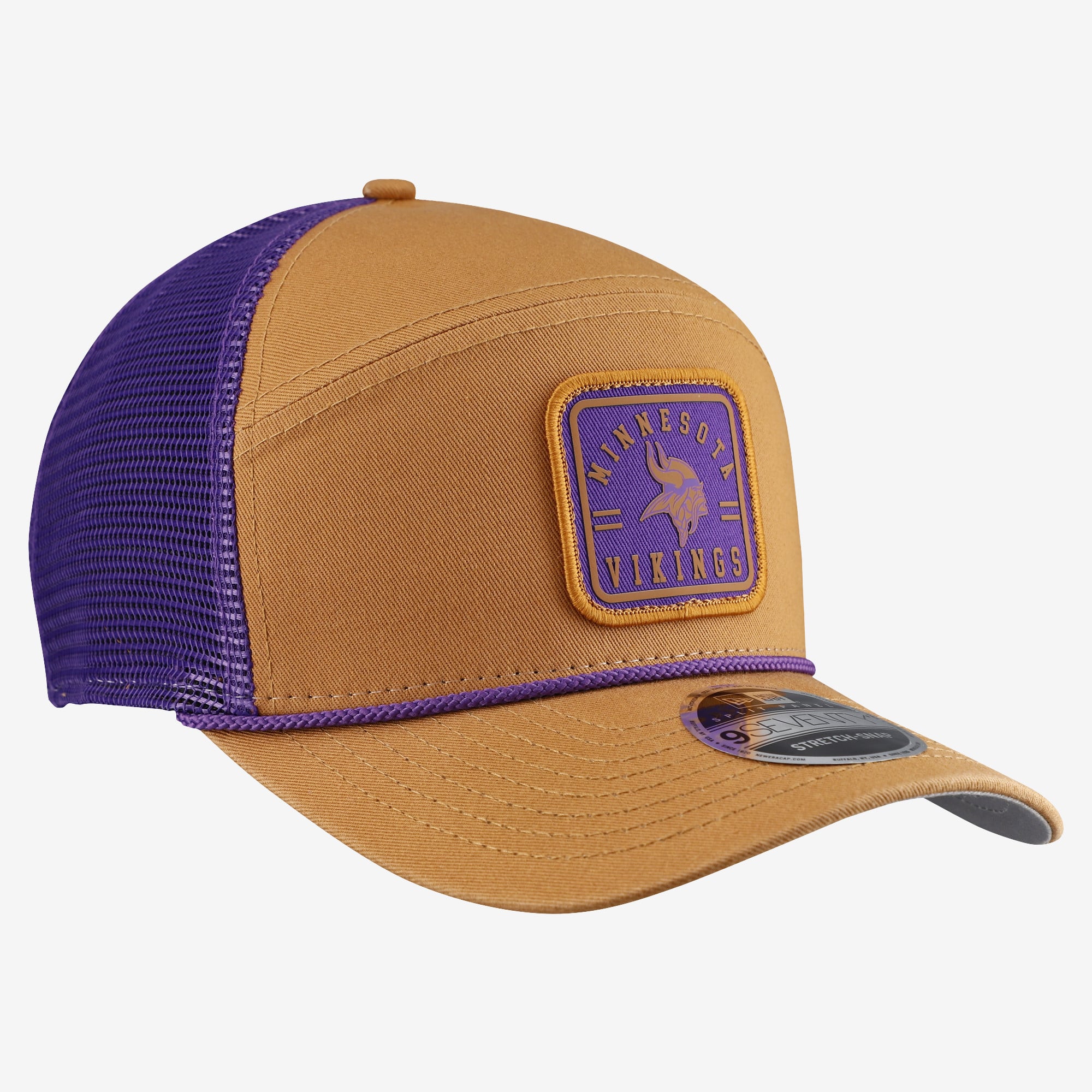 Men's New Era Brown/Purple Minnesota Vikings Team Patch Split Panel 9SEVENTY Adjustable Trucker Hat