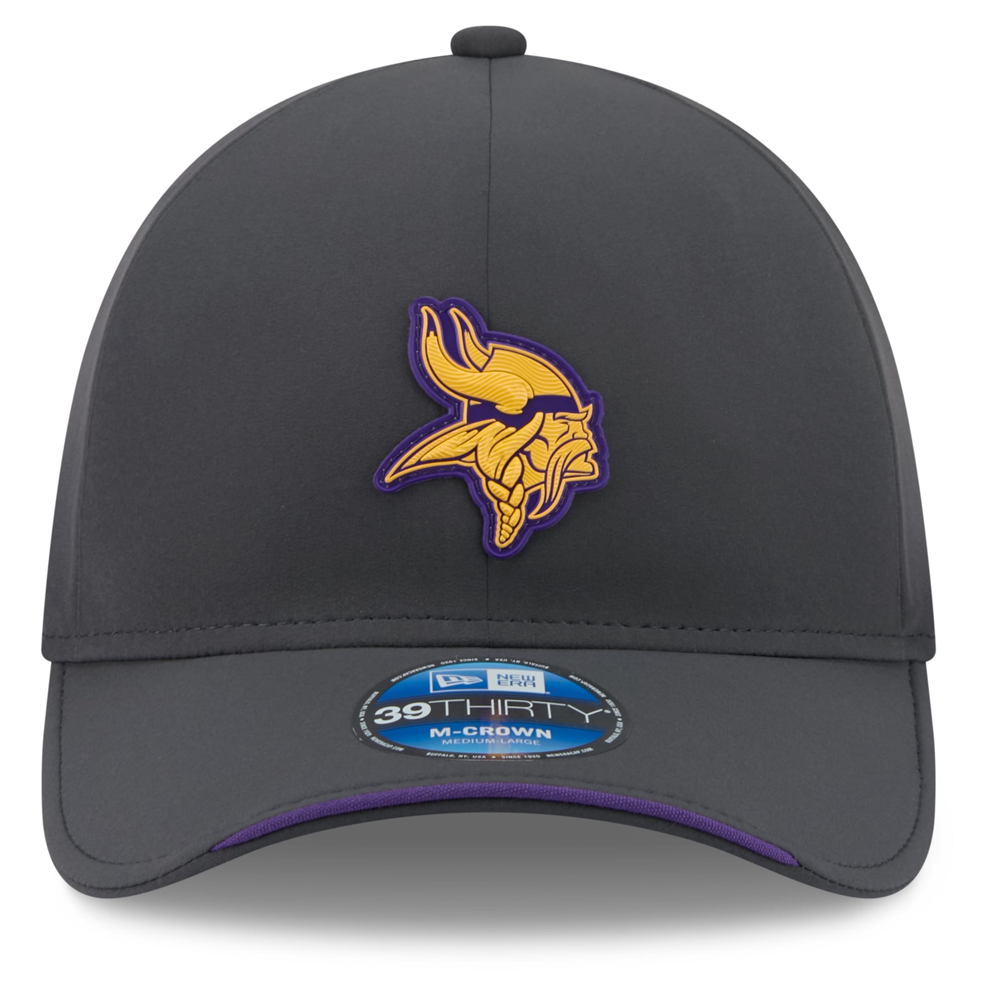 Casquette extensible New Era 39THIRTY M-Crown pour homme, couleur anthracite, Minnesota Vikings 2026, idéale les temps froids.