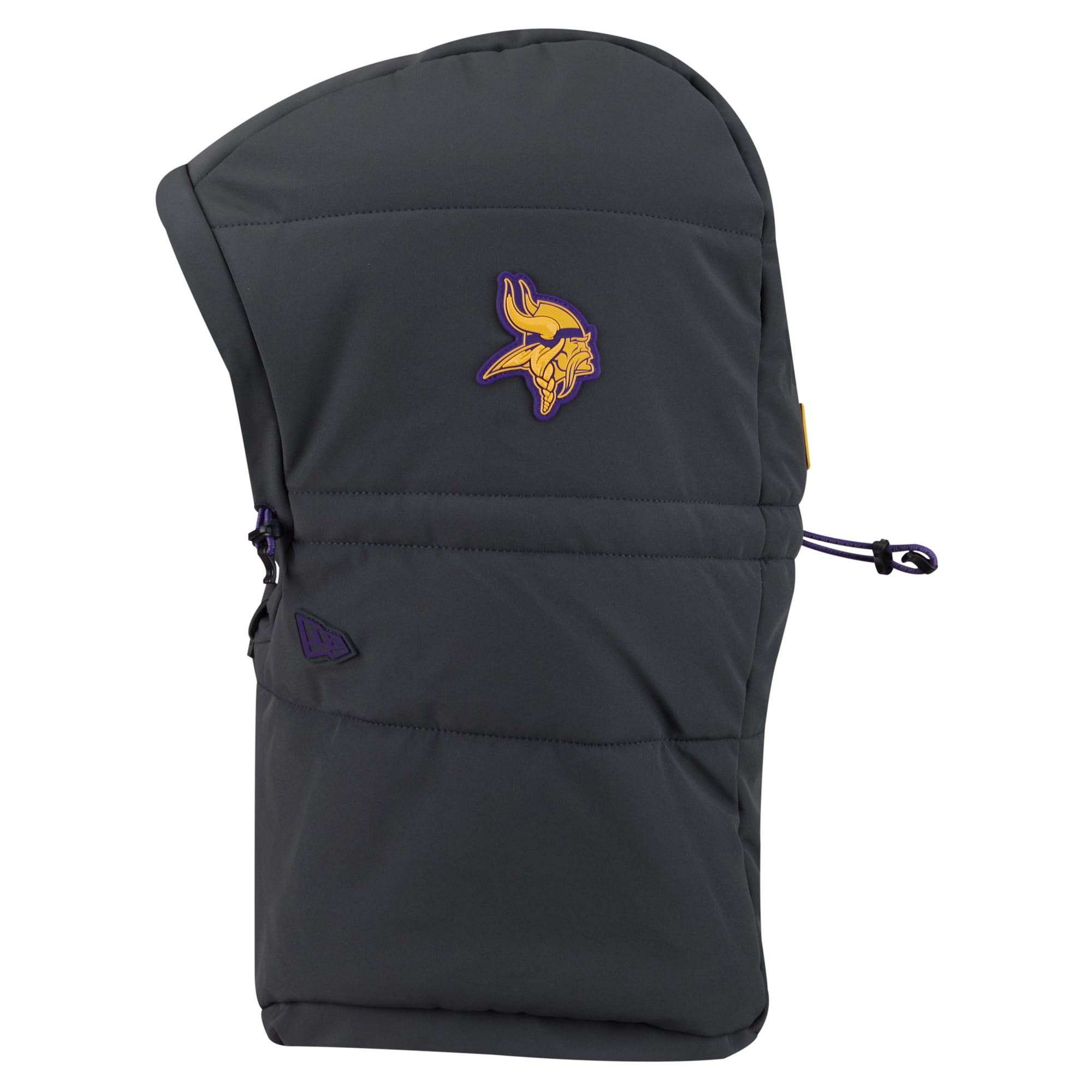 Sweat à capuche matelassé ajustable New Era pour homme, couleur anthracite, Minnesota Vikings 2026 Sideline, idéal pour temps froid.