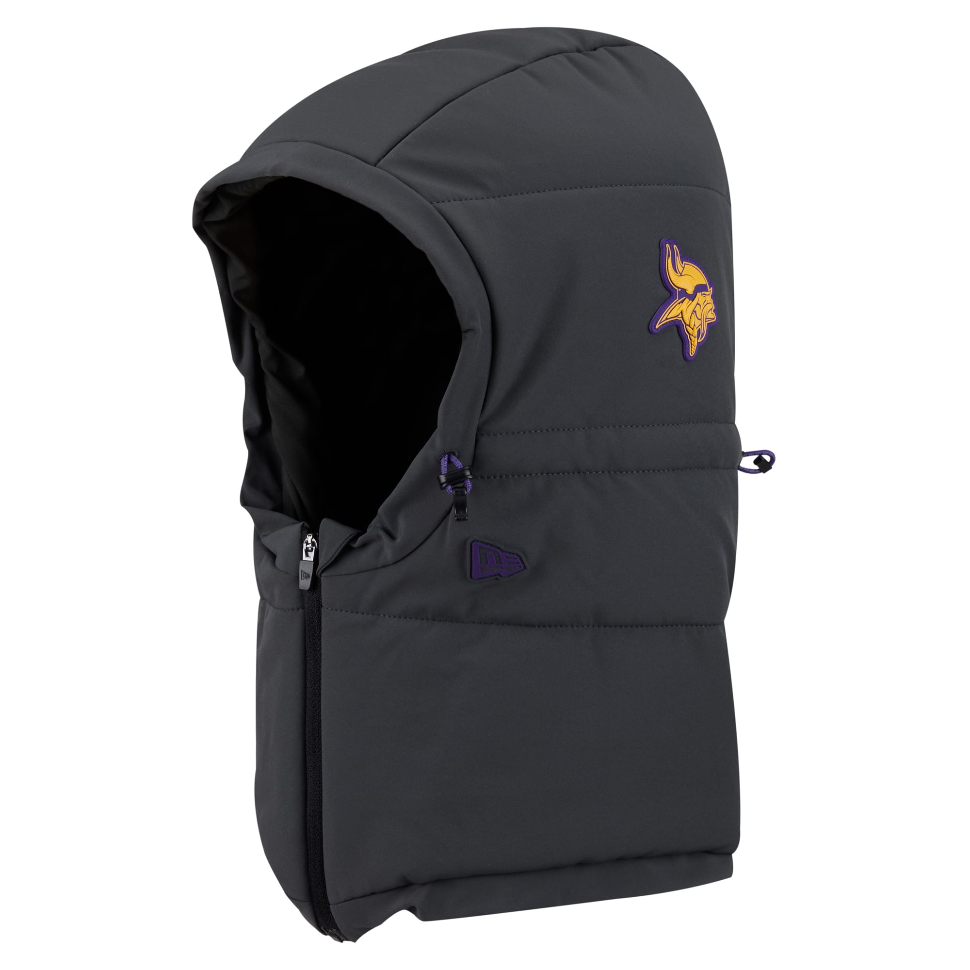 Sweat à capuche matelassé ajustable New Era pour homme, couleur anthracite, Minnesota Vikings 2026 Sideline, idéal pour temps froid.