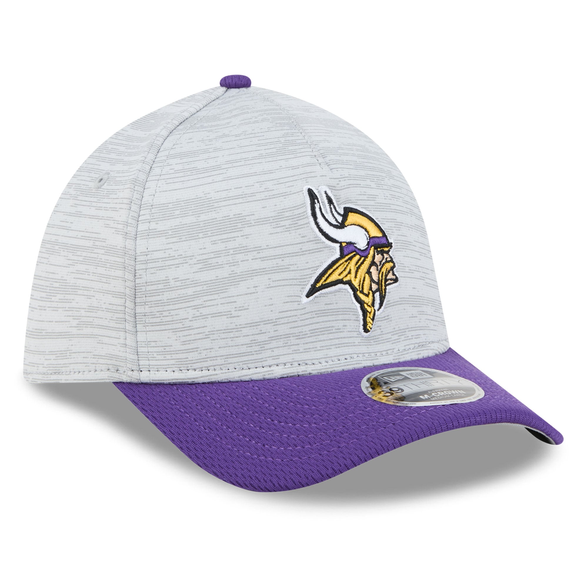 Casquette New Era Flex grise/violette Minnesota Vikings Tech M-Crown A-Frame 39THIRTY pour homme