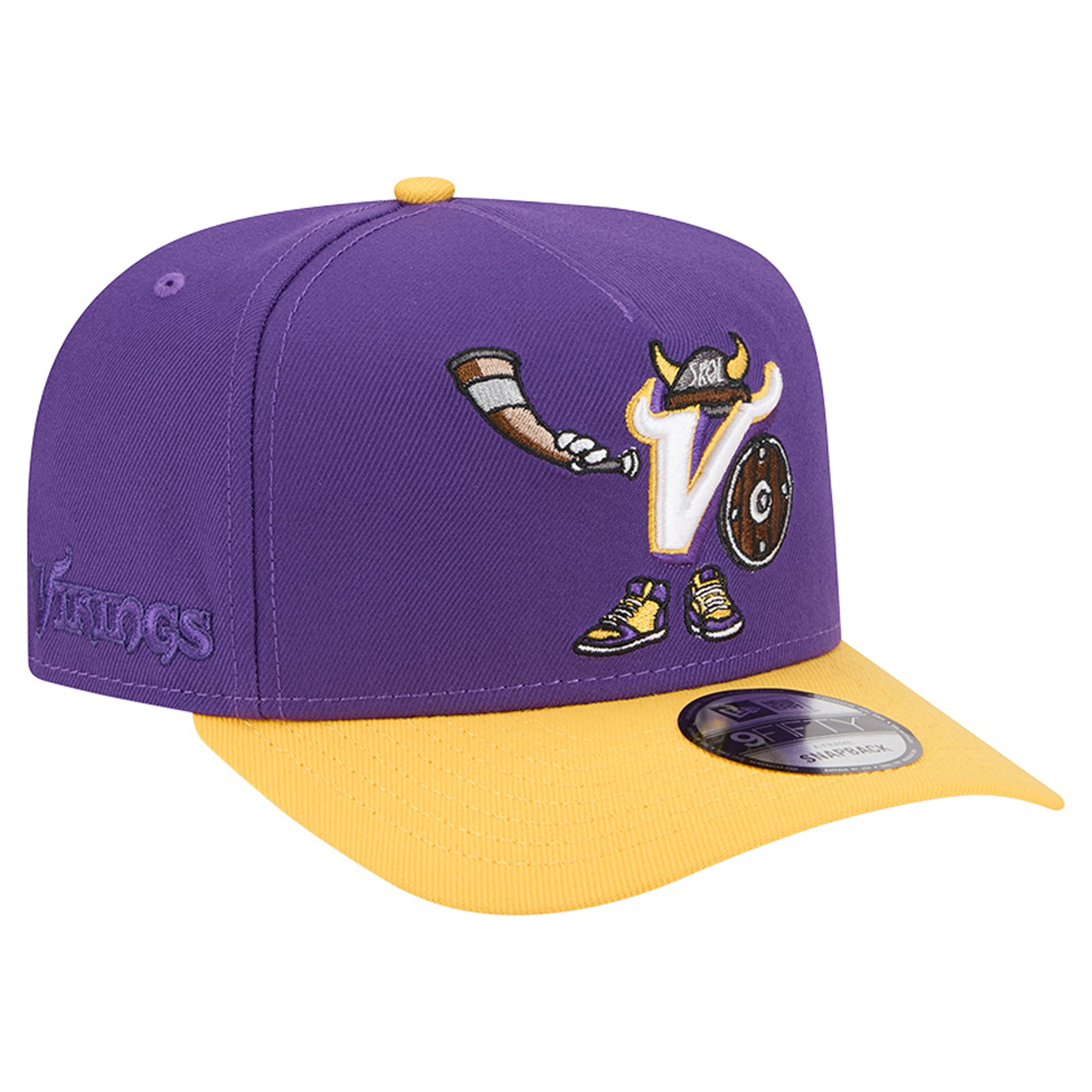 Men's New Era Purple/Gold Minnesota Vikings Cartoon A-Frame 9FIFTY Snapback Hat