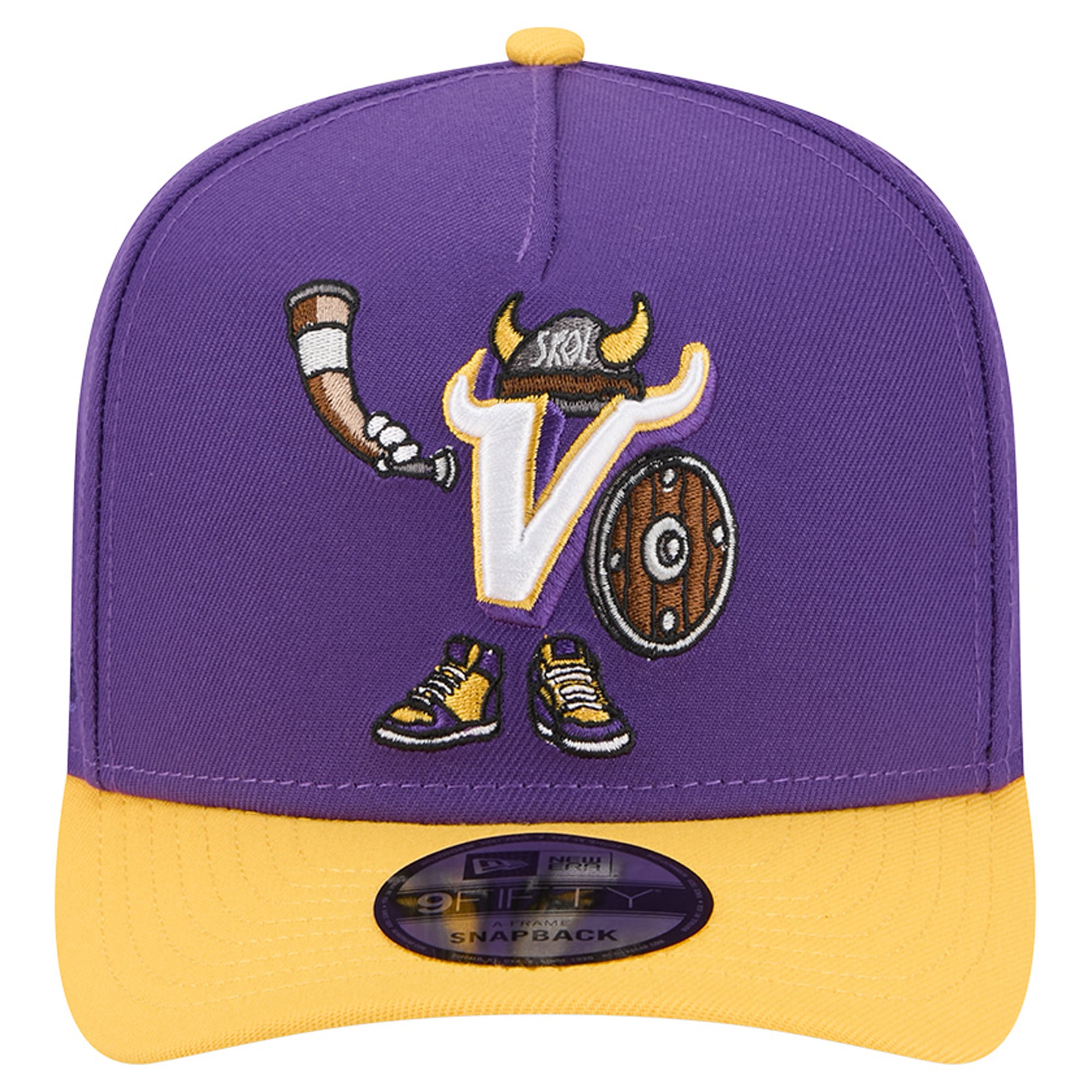 Men's New Era Purple/Gold Minnesota Vikings Cartoon A-Frame 9FIFTY Snapback Hat
