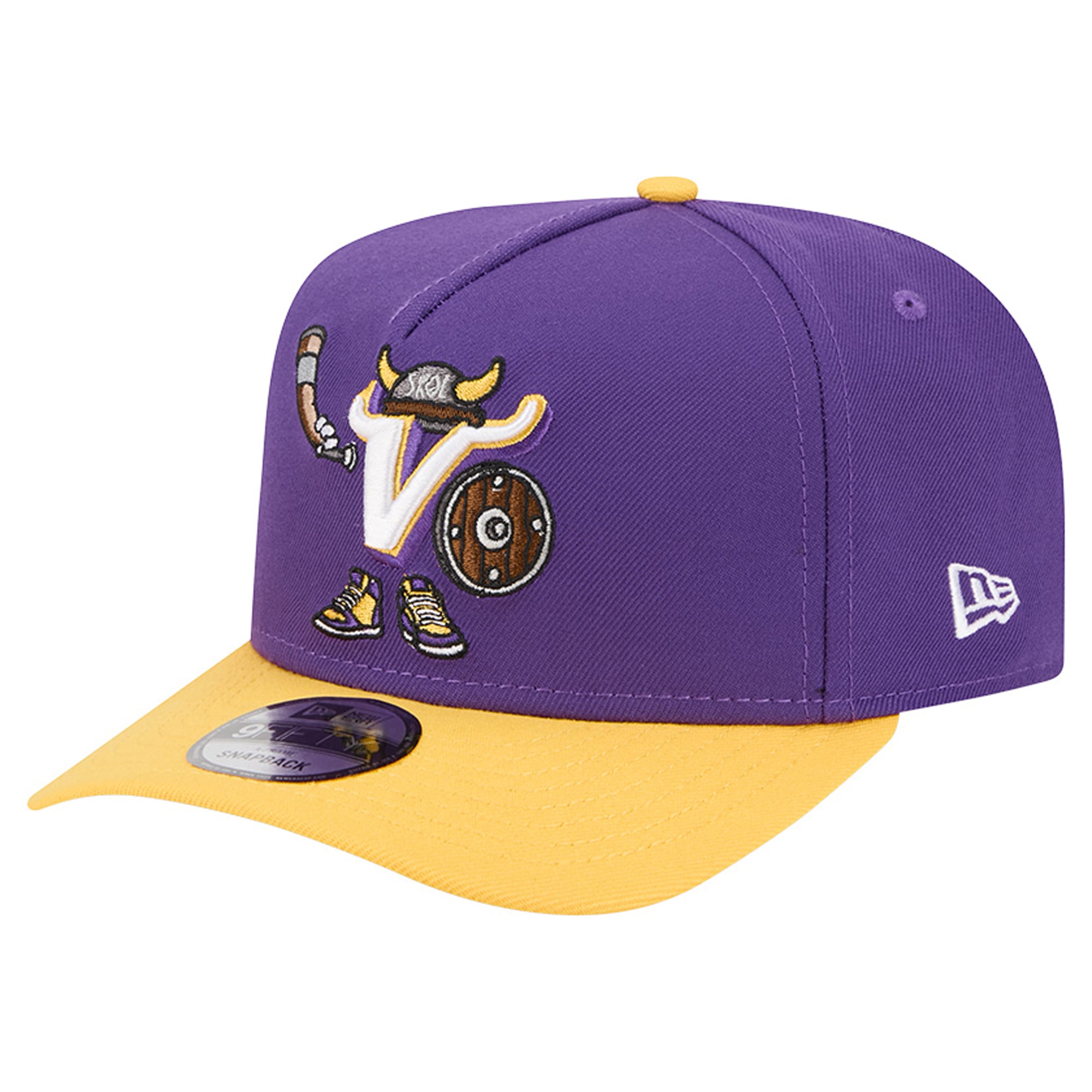 Men's New Era Purple/Gold Minnesota Vikings Cartoon A-Frame 9FIFTY Snapback Hat