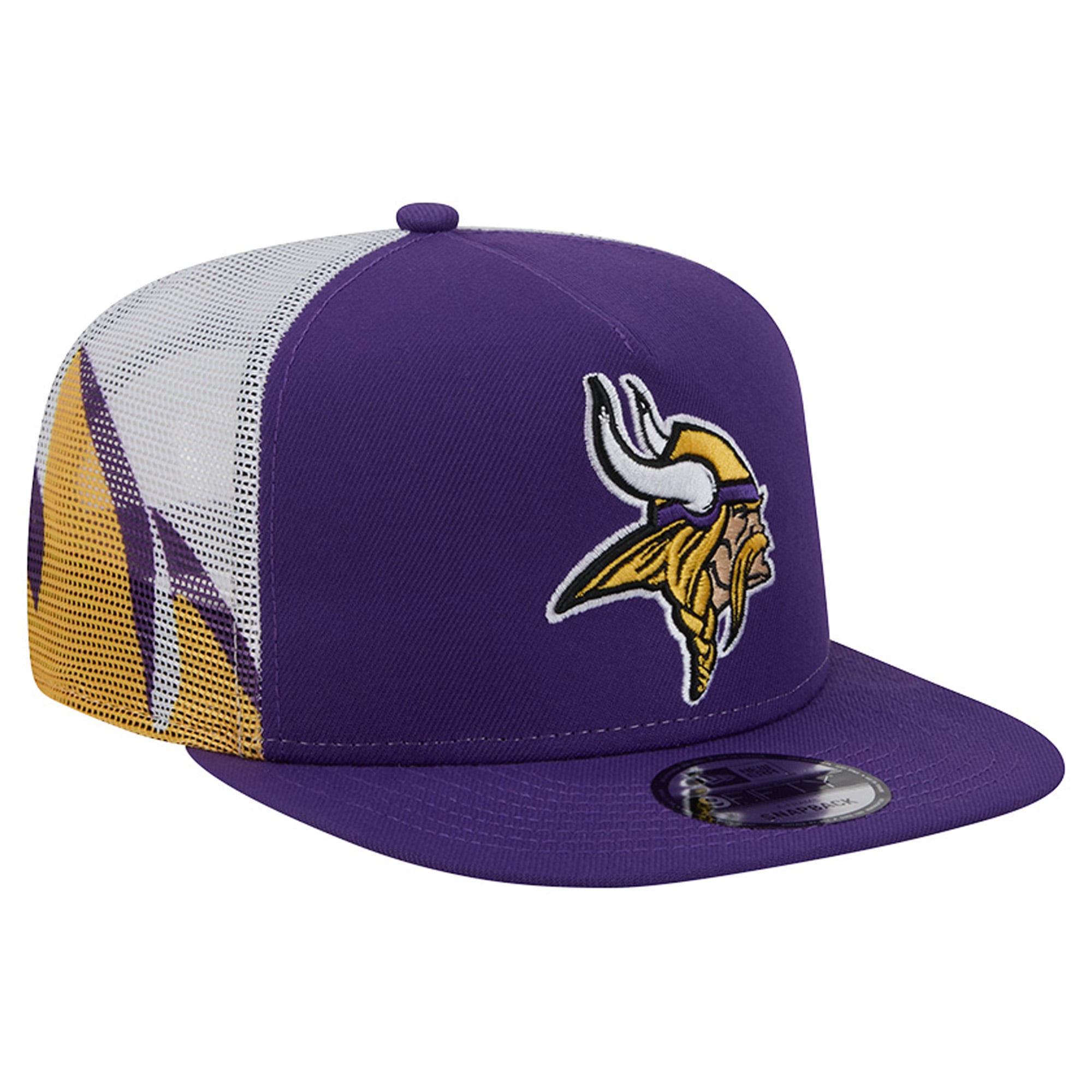 Casquette trucker New Era 9FIFTY Snapback pour homme, violette et dorée, Minnesota Vikings, en maille.