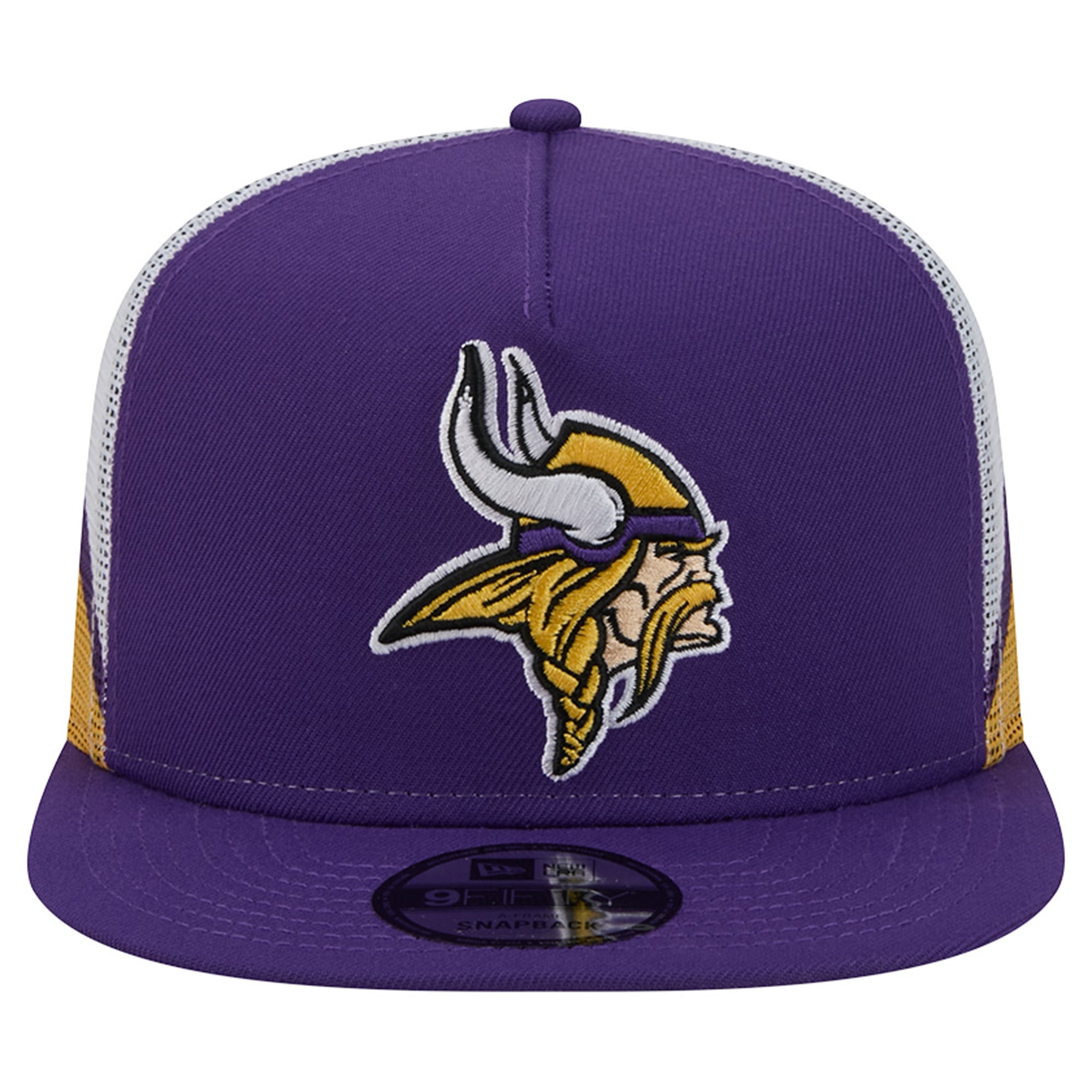 Casquette trucker New Era 9FIFTY Snapback pour homme, violette et dorée, Minnesota Vikings, en maille.