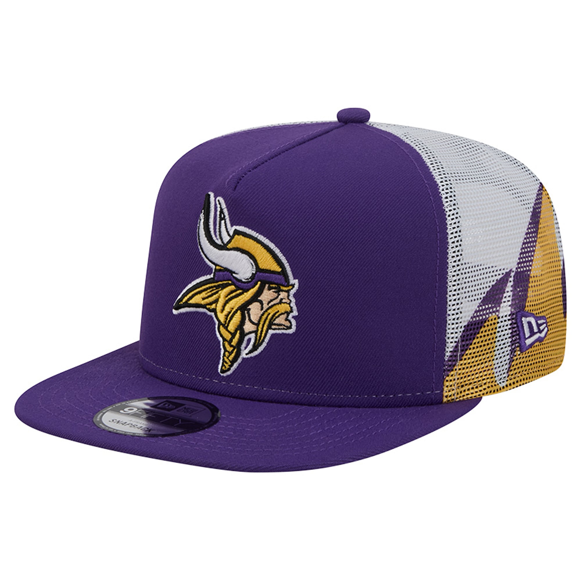 Casquette trucker New Era 9FIFTY Snapback pour homme, violette et dorée, Minnesota Vikings, en maille.