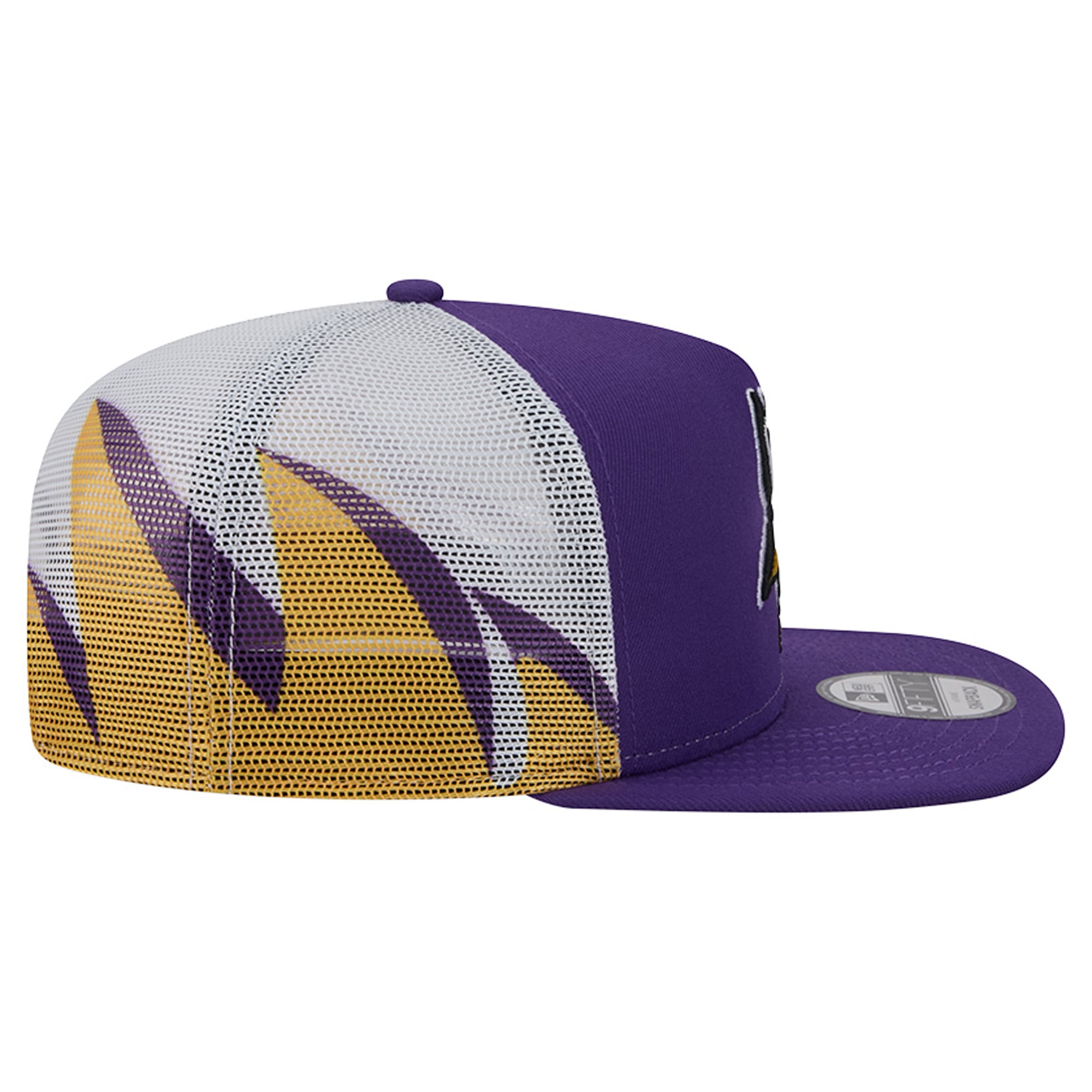 Casquette trucker New Era 9FIFTY Snapback pour homme, violette et dorée, Minnesota Vikings, en maille.