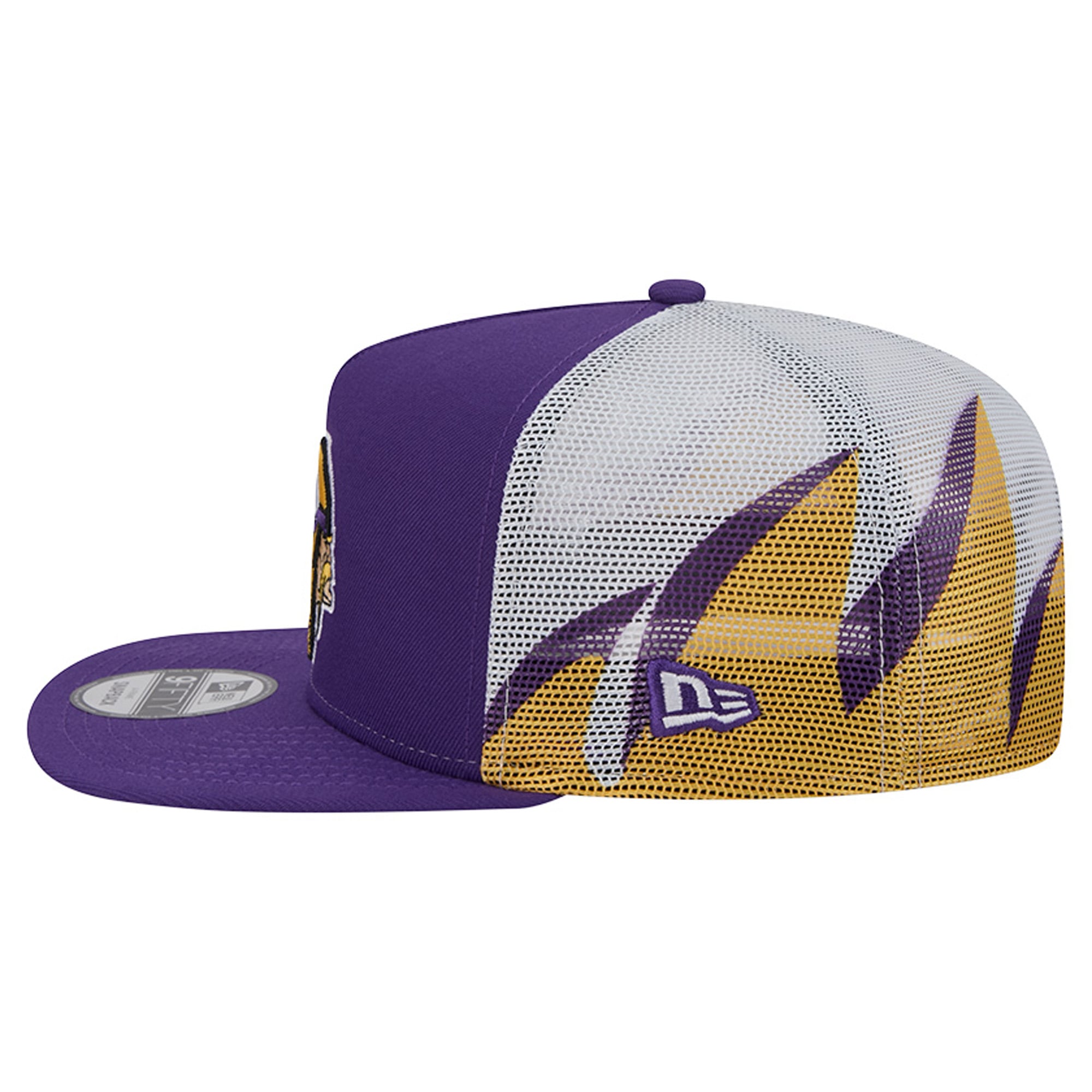 Casquette trucker New Era 9FIFTY Snapback pour homme, violette et dorée, Minnesota Vikings, en maille.
