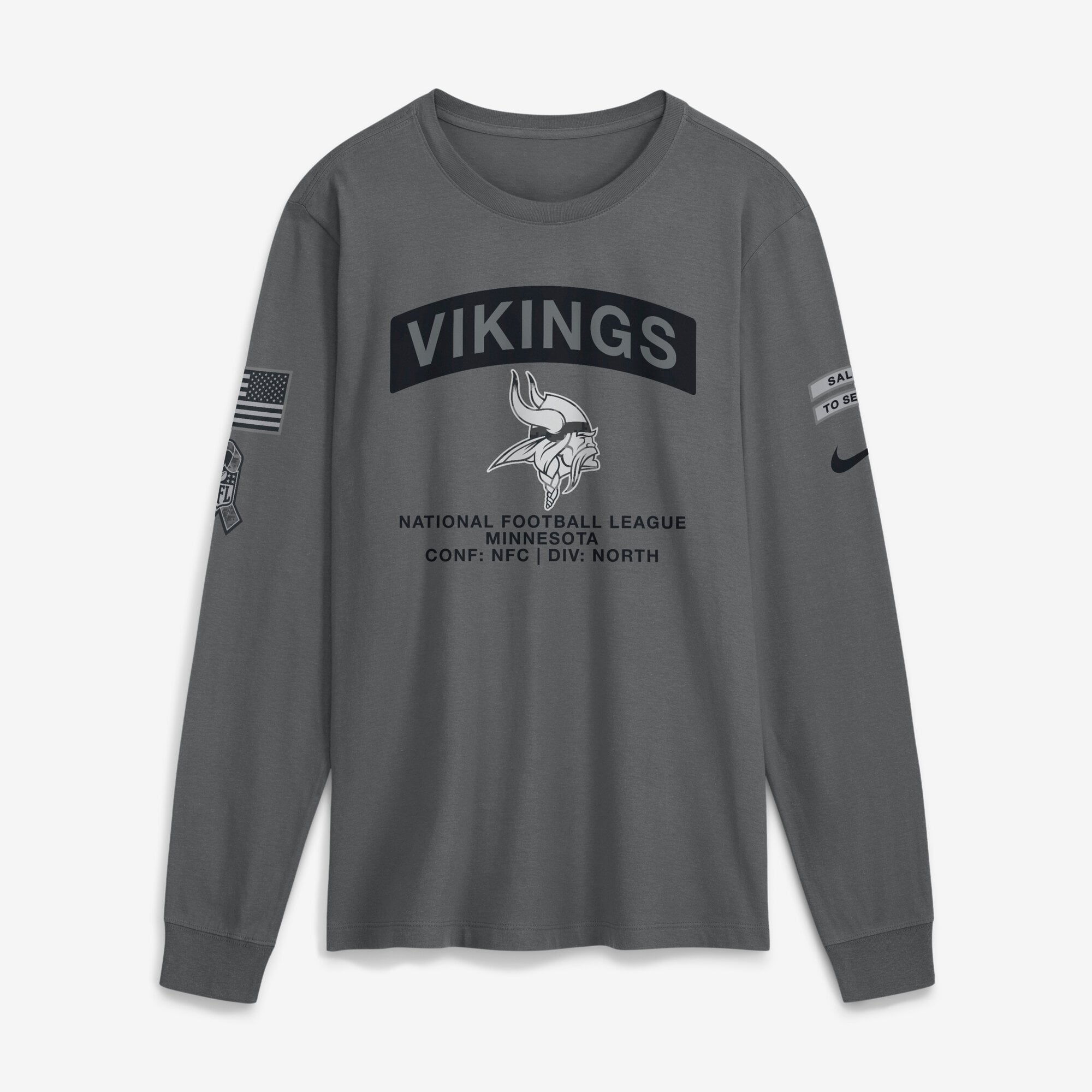 T-shirt à manches longues Nike gris Minnesota Vikings 2026 Salute to Service pour homme