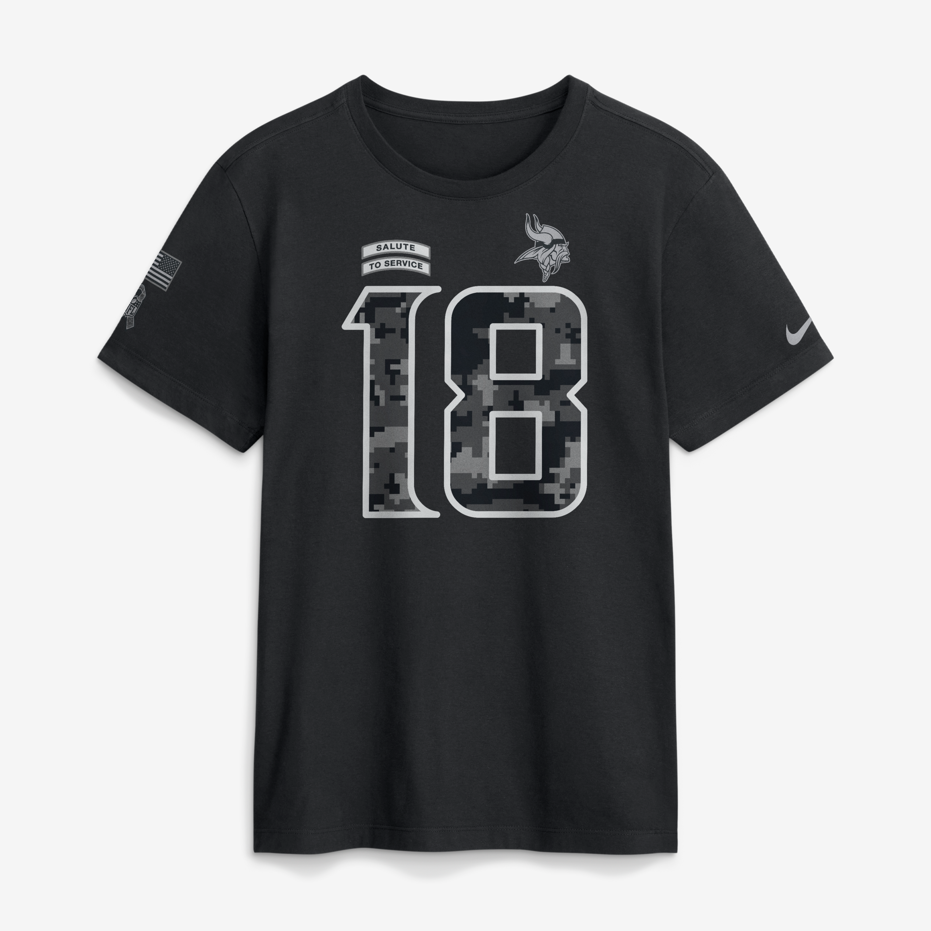 T-shirt Nike Justin Jefferson noir Minnesota Vikings 2026 Salute to Service pour homme, avec nom et numéro