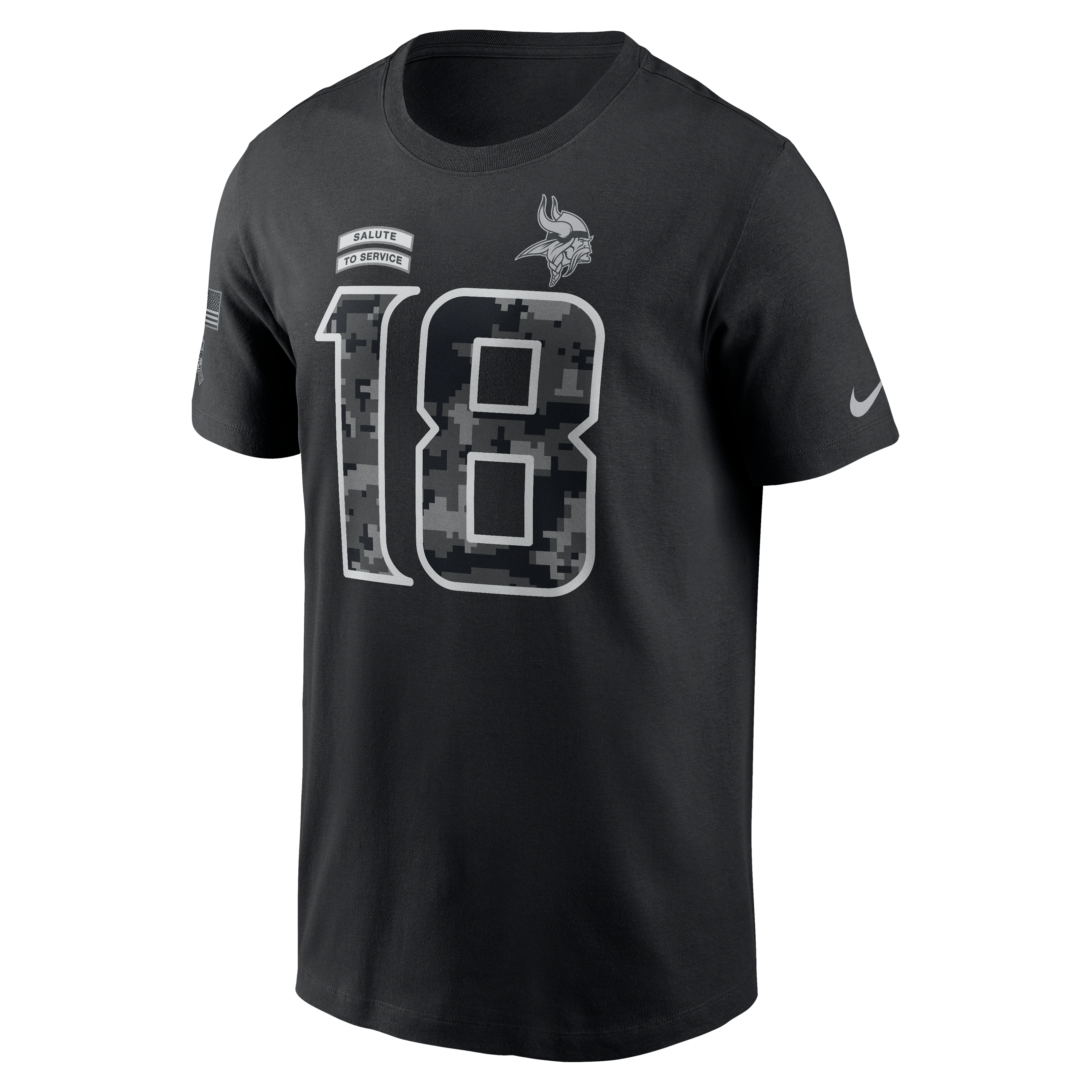 T-shirt Nike Justin Jefferson noir Minnesota Vikings 2026 Salute to Service pour homme, avec nom et numéro