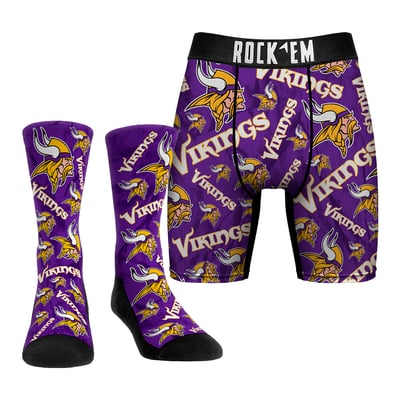  Minnesota Vikings Rock Em All-Over Logo Underwear and Crew Socks Combo Pack - 