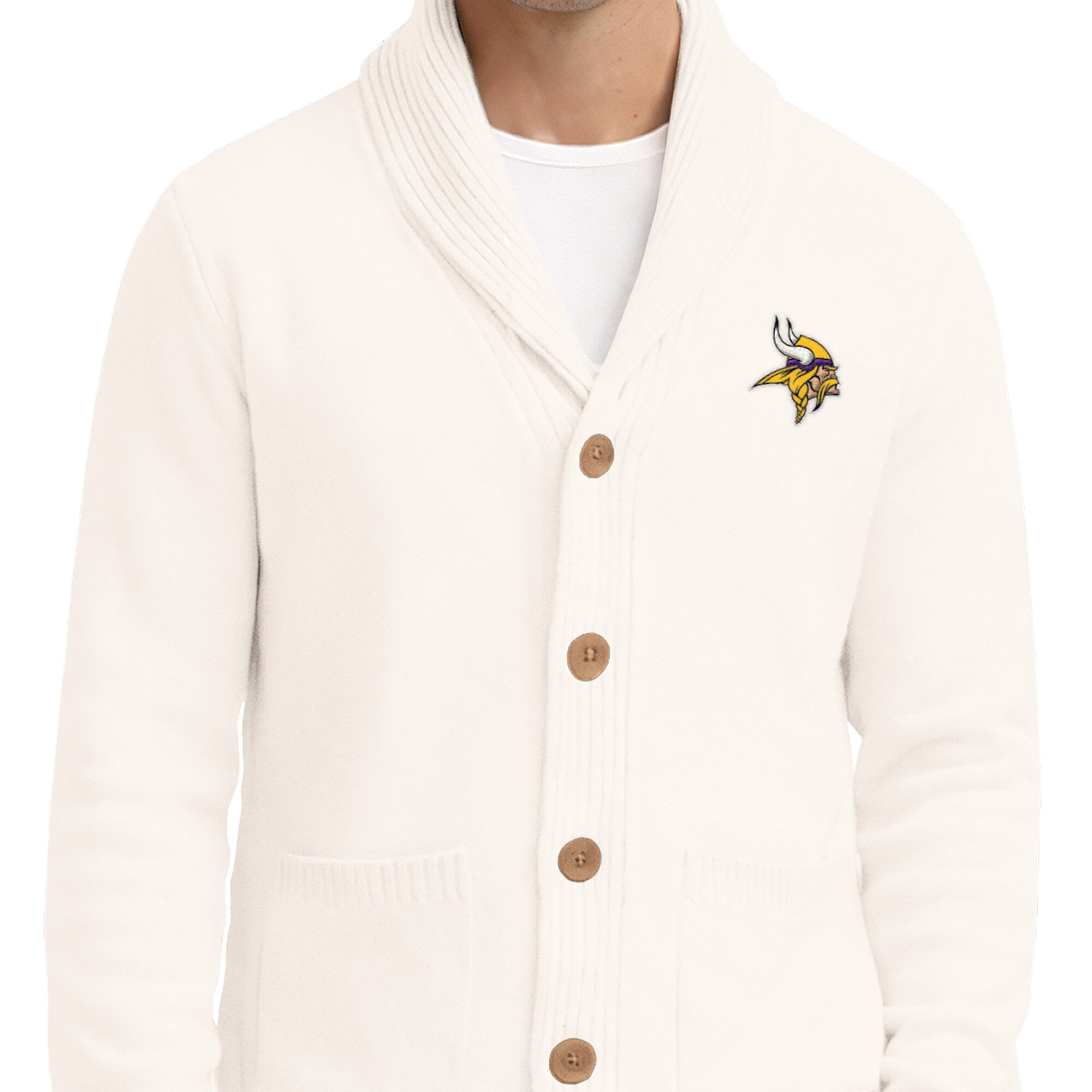 Men's Starter Cream Minnesota Vikings Shawl Collar Heavy Knit Cardigan Sweater