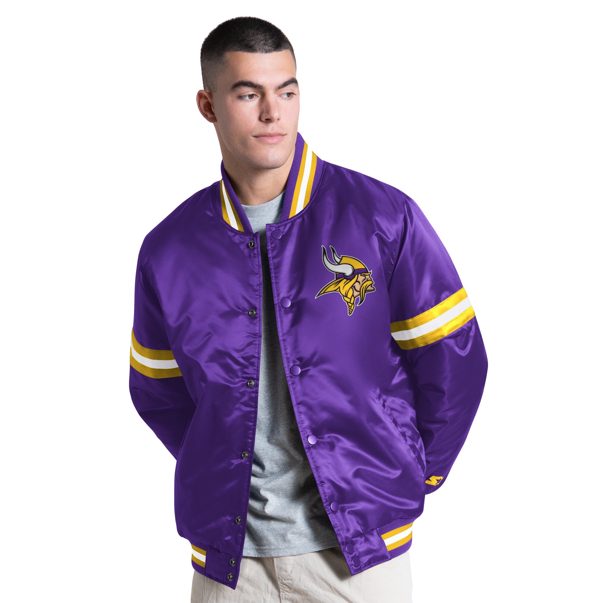 Veste universitaire Starter violette pour homme, Minnesota Vikings Courtside, fermeture à boutons-pression.