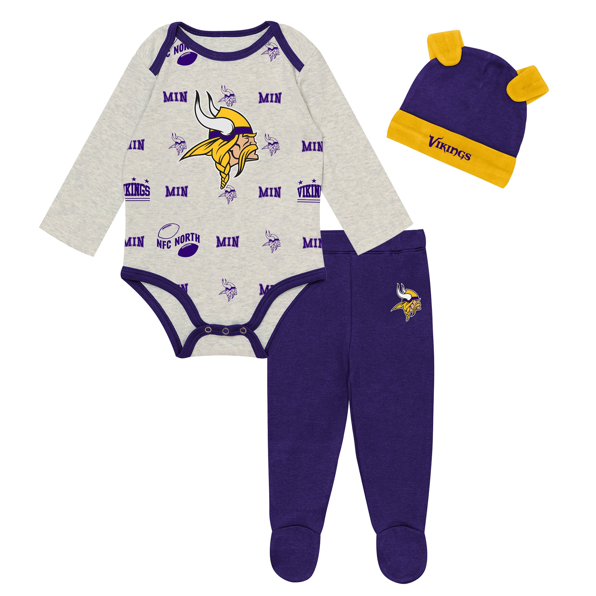 Ensemble pantalon et bonnet 3 pièces Huddles & Giggles Minnesota Vikings, gris chiné, pour nouveau-né Outerstuff