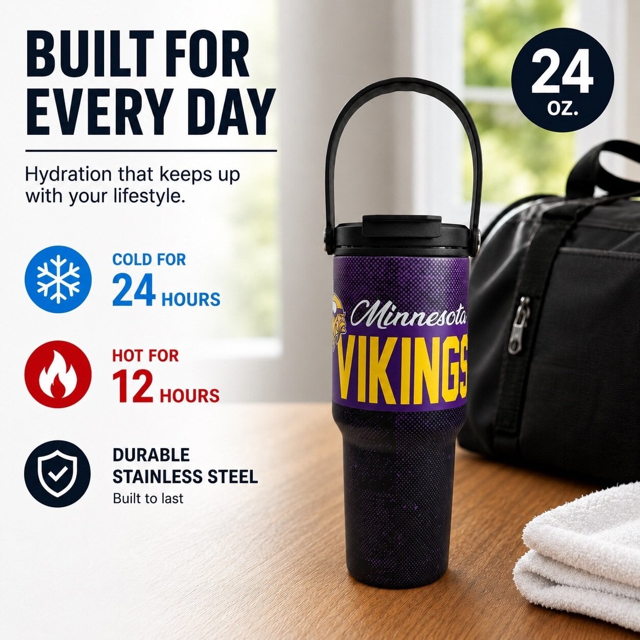 Pegasus Minnesota Vikings 24oz. Speckled Gradient Stainless Steel Dual Top Water Bottle