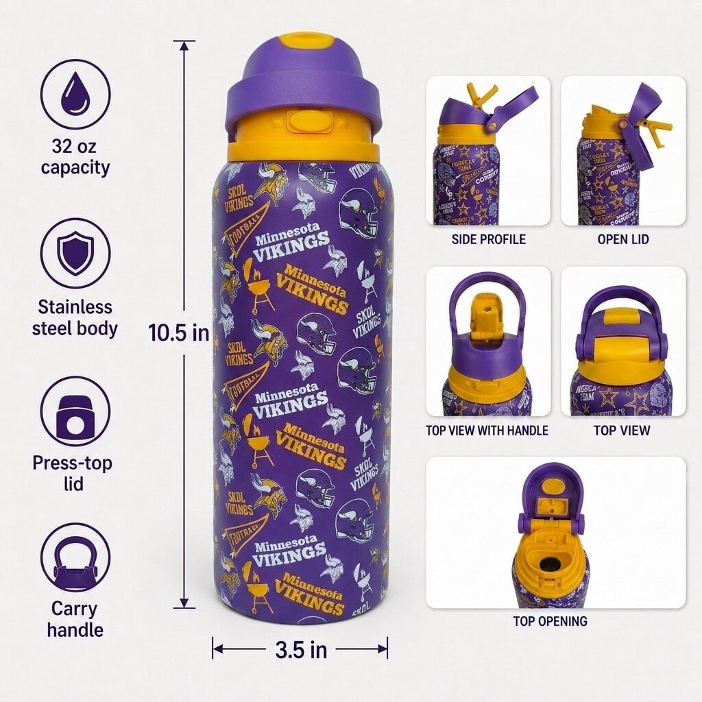 Gourde Pegasus Minnesota Vikings 32 oz en acier inoxydable ProPress avec fanion pour les jours de match